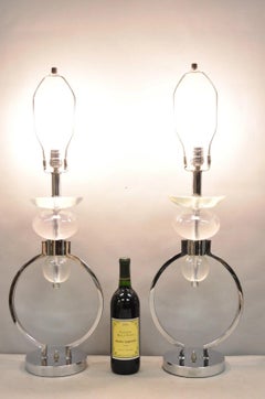 Vintage Postmodern MCM Hivo Van Teal Sculptural Lucite & Chrome Table Lamps Pair