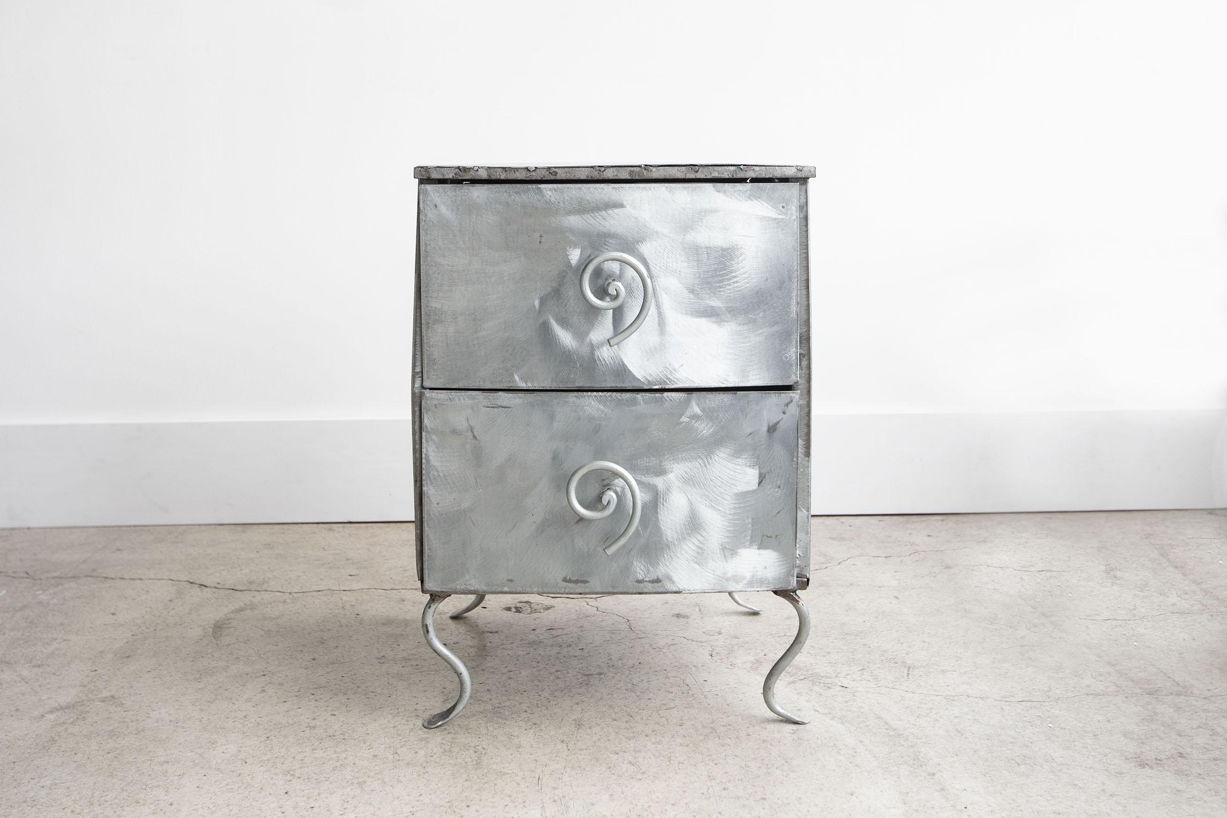 Vintage Postmodern Memphis Style Brushed Aluminum Nightstands + End Table In Good Condition In Portland, OR