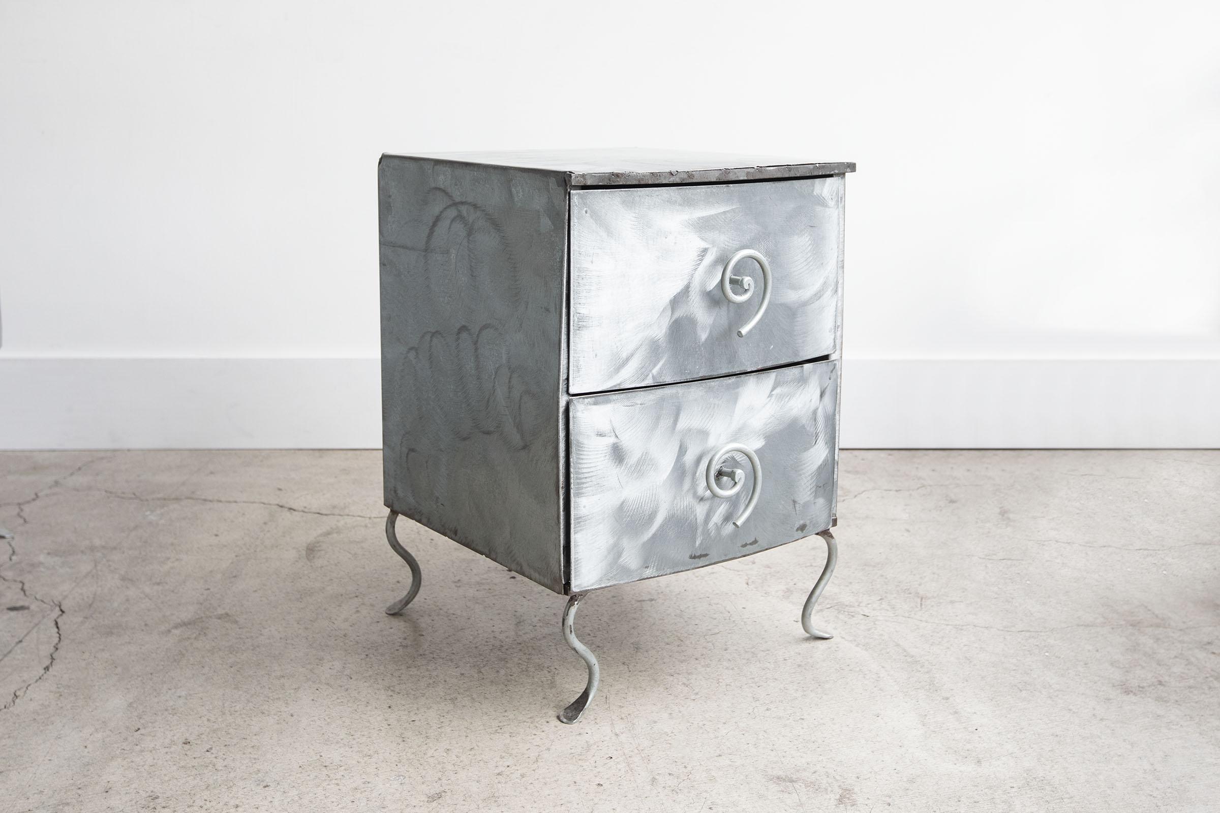 Late 20th Century Vintage Postmodern Memphis Style Brushed Aluminum Nightstands + End Table