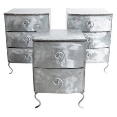 Vintage Postmodern Memphis Style Brushed Aluminum Nightstands + End Table