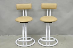 Vintage Postmodern Memphis Style White Tubular Metal Swivel Bar Stools - a Pair
