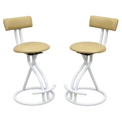 Vintage Postmodern Memphis Style White Tubular Metal Swivel Bar Stools - a Pair
