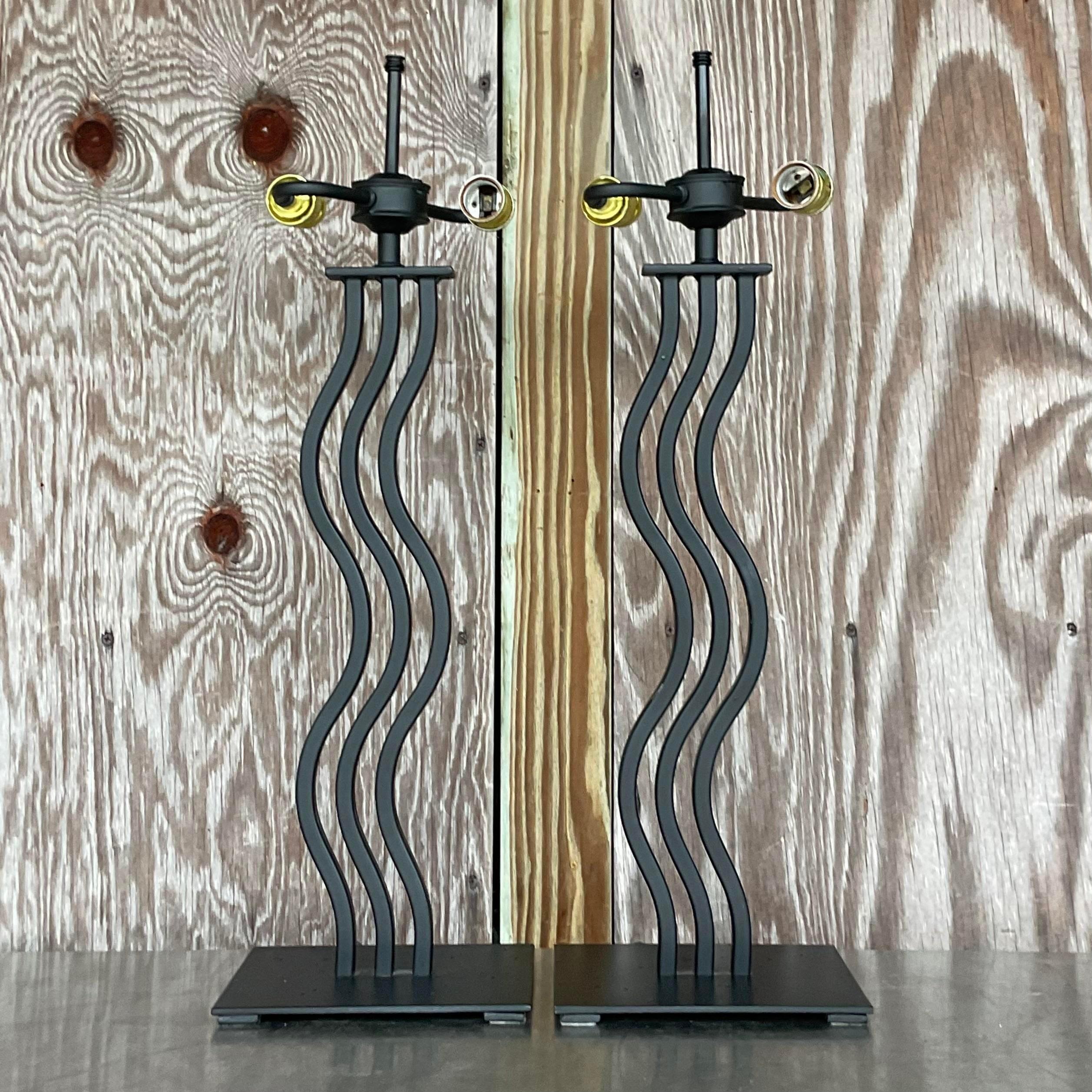 Vintage Postmodern Memphis Wave Metal Lamps - a Pair In Good Condition For Sale In west palm beach, FL