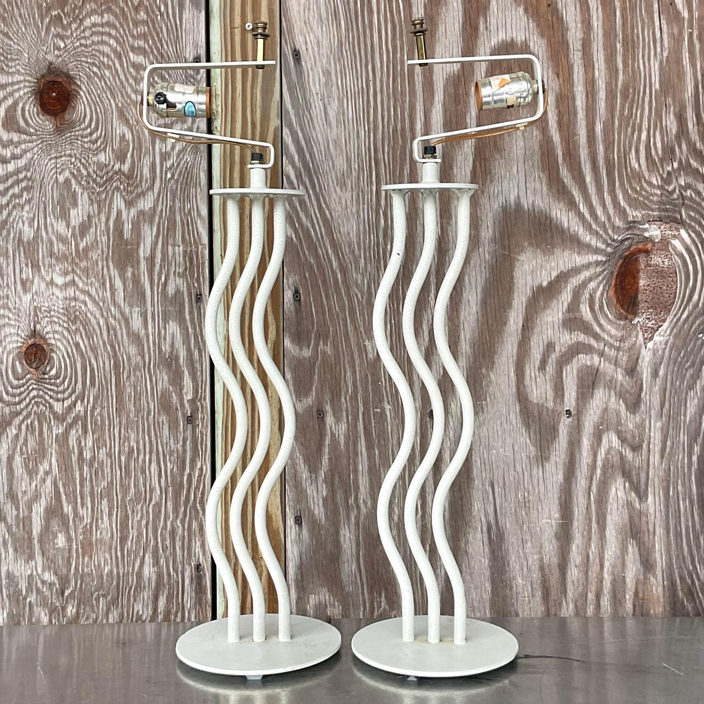 American Vintage Postmodern Metal Wave Table Lamps - a Pair For Sale