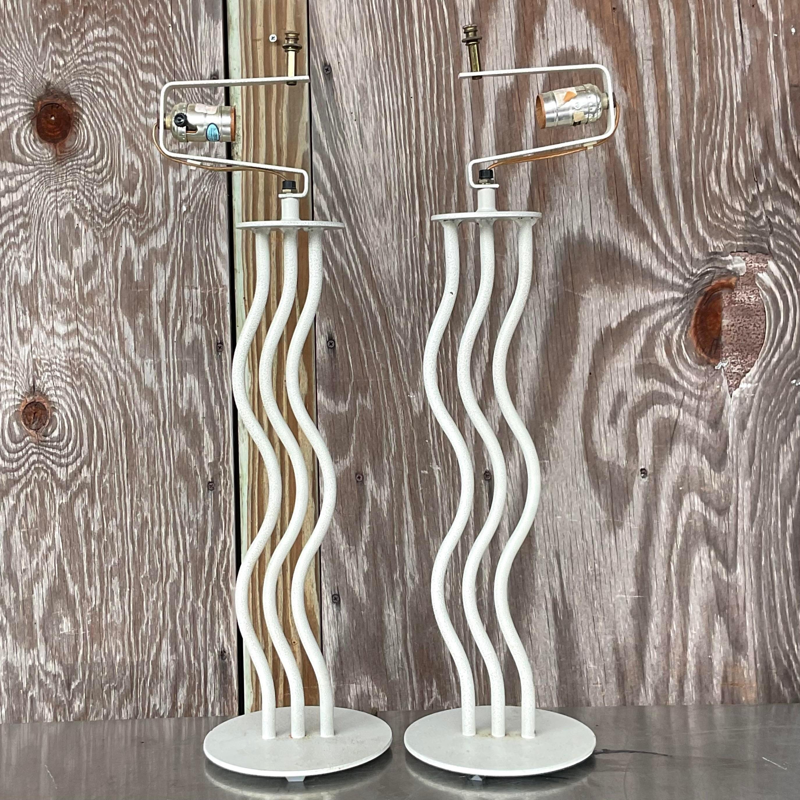 Vintage Postmodern Metal Wave Table Lamps - a Pair In Good Condition For Sale In west palm beach, FL