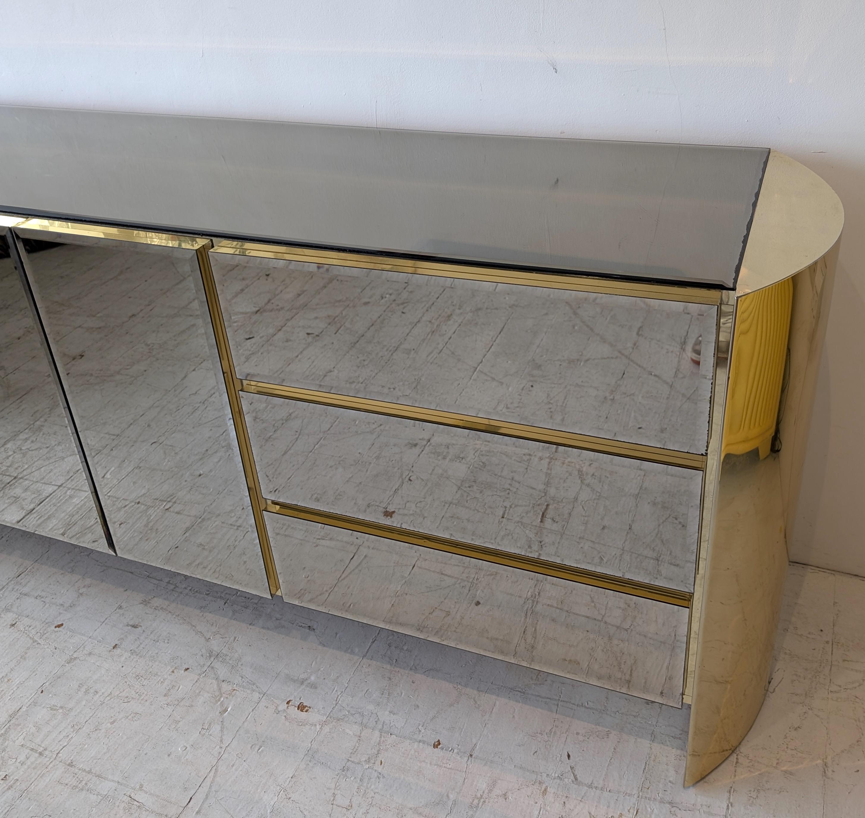 Vintage postmodern mirror glass & gold metal sideboard / dresser, Ello USA 1980s For Sale 5