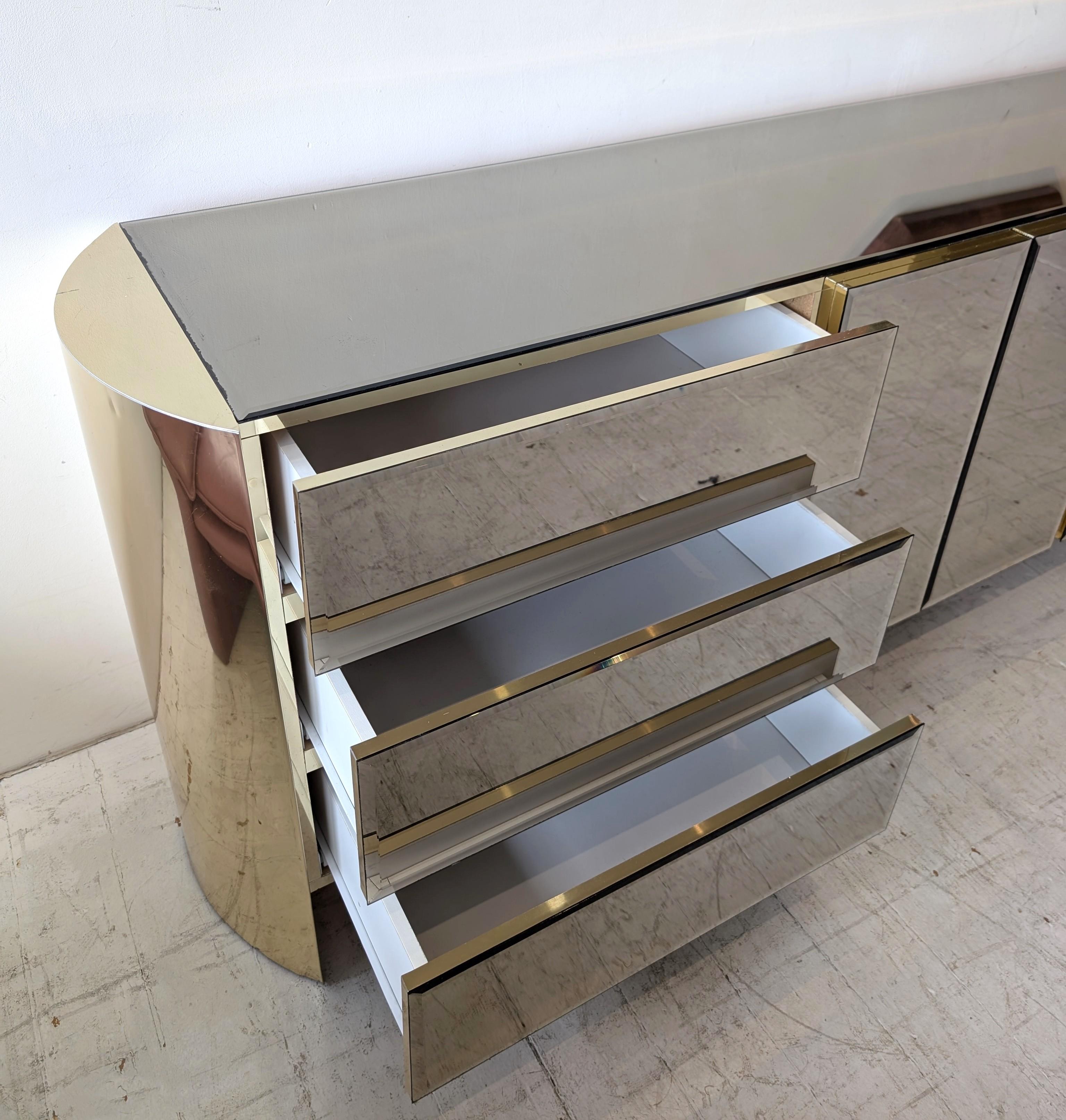 Vintage postmodern mirror glass & gold metal sideboard / dresser, Ello USA 1980s For Sale 7
