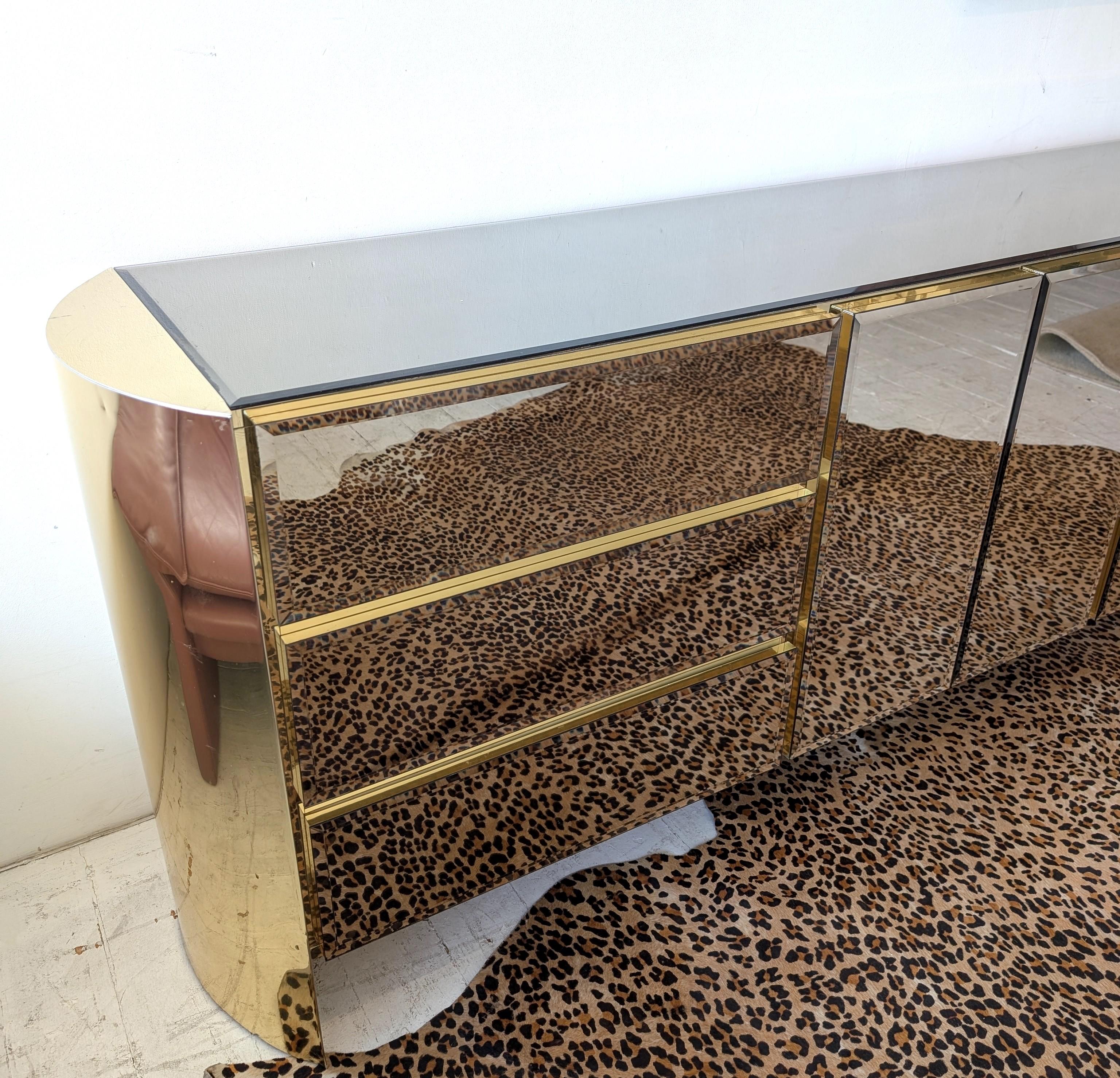 Vintage postmodern mirror glass & gold metal sideboard / dresser, Ello USA 1980s For Sale 11