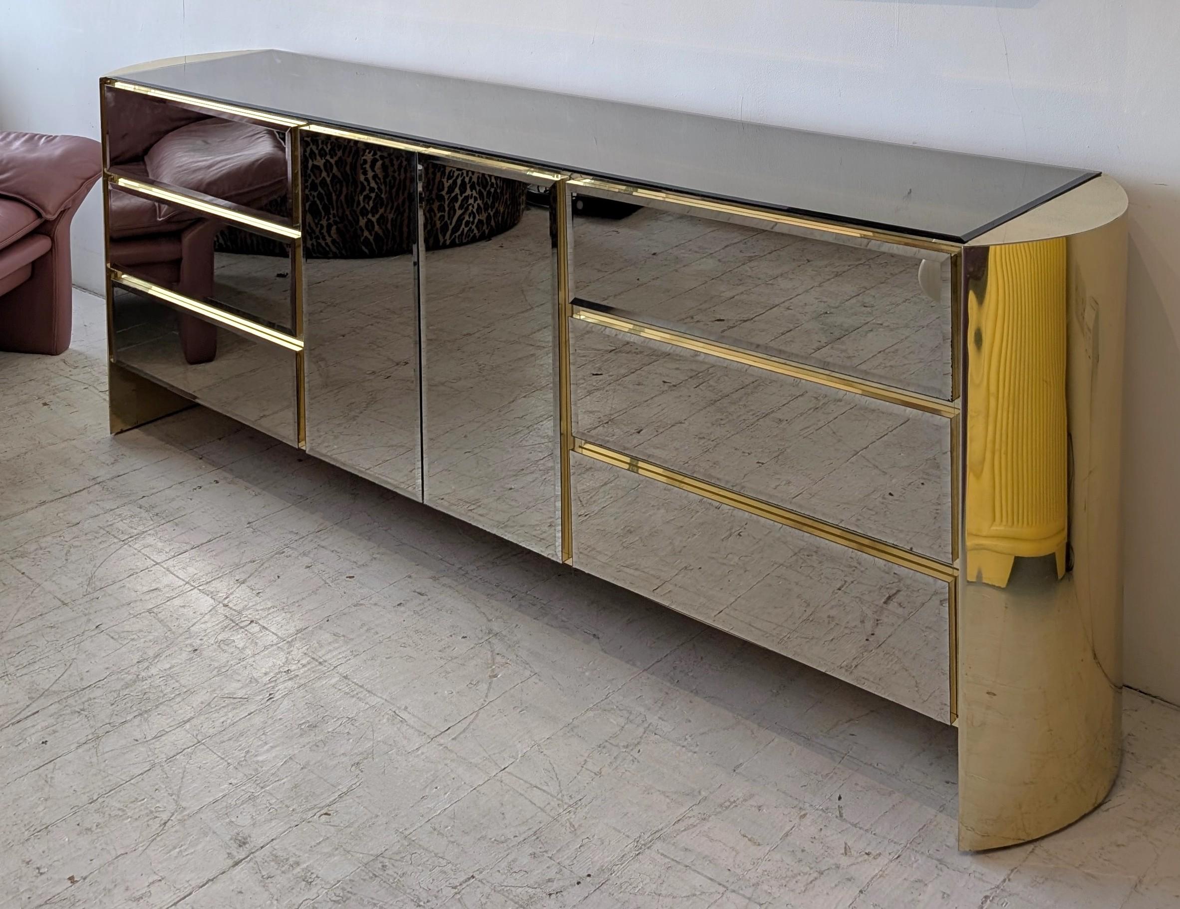 Post-Modern Vintage postmodern mirror glass & gold metal sideboard / dresser, Ello USA 1980s For Sale