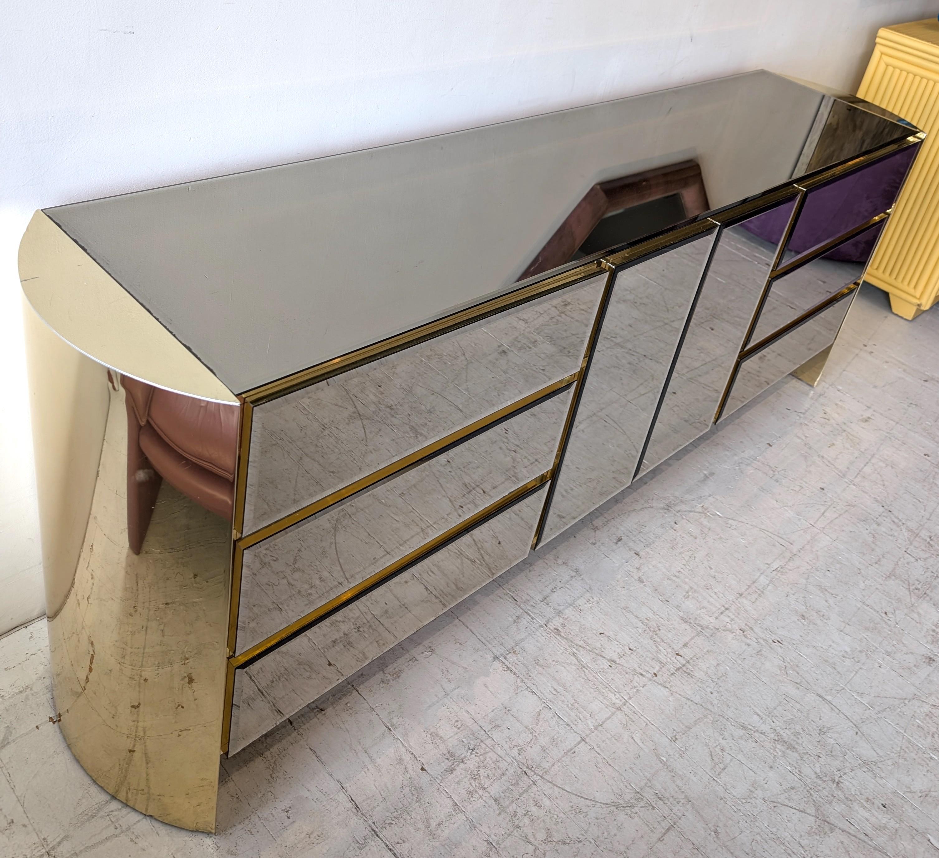 20th Century Vintage postmodern mirror glass & gold metal sideboard / dresser, Ello USA 1980s For Sale