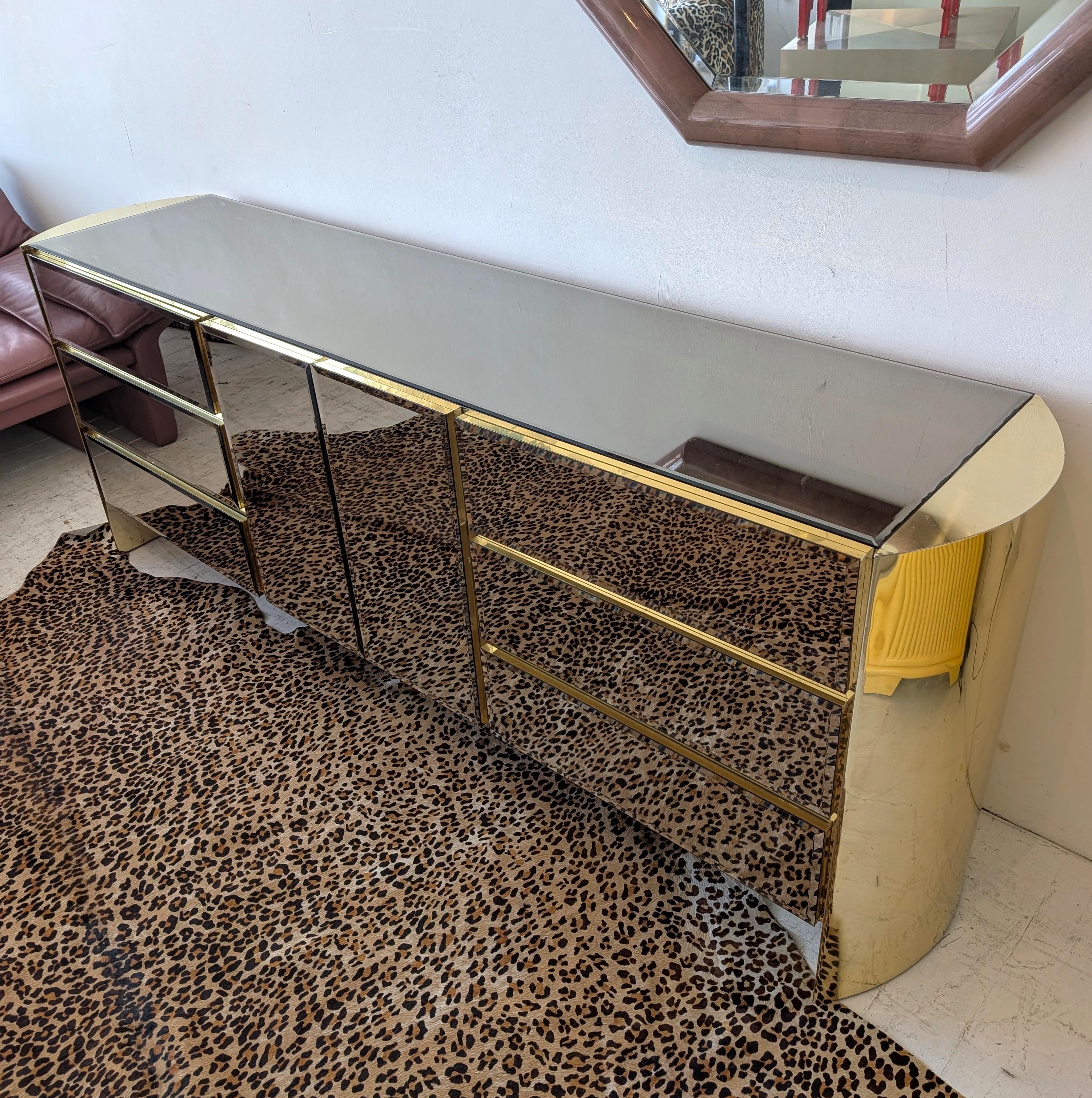 Metal Vintage postmodern mirror glass & gold metal sideboard / dresser, Ello USA 1980s For Sale