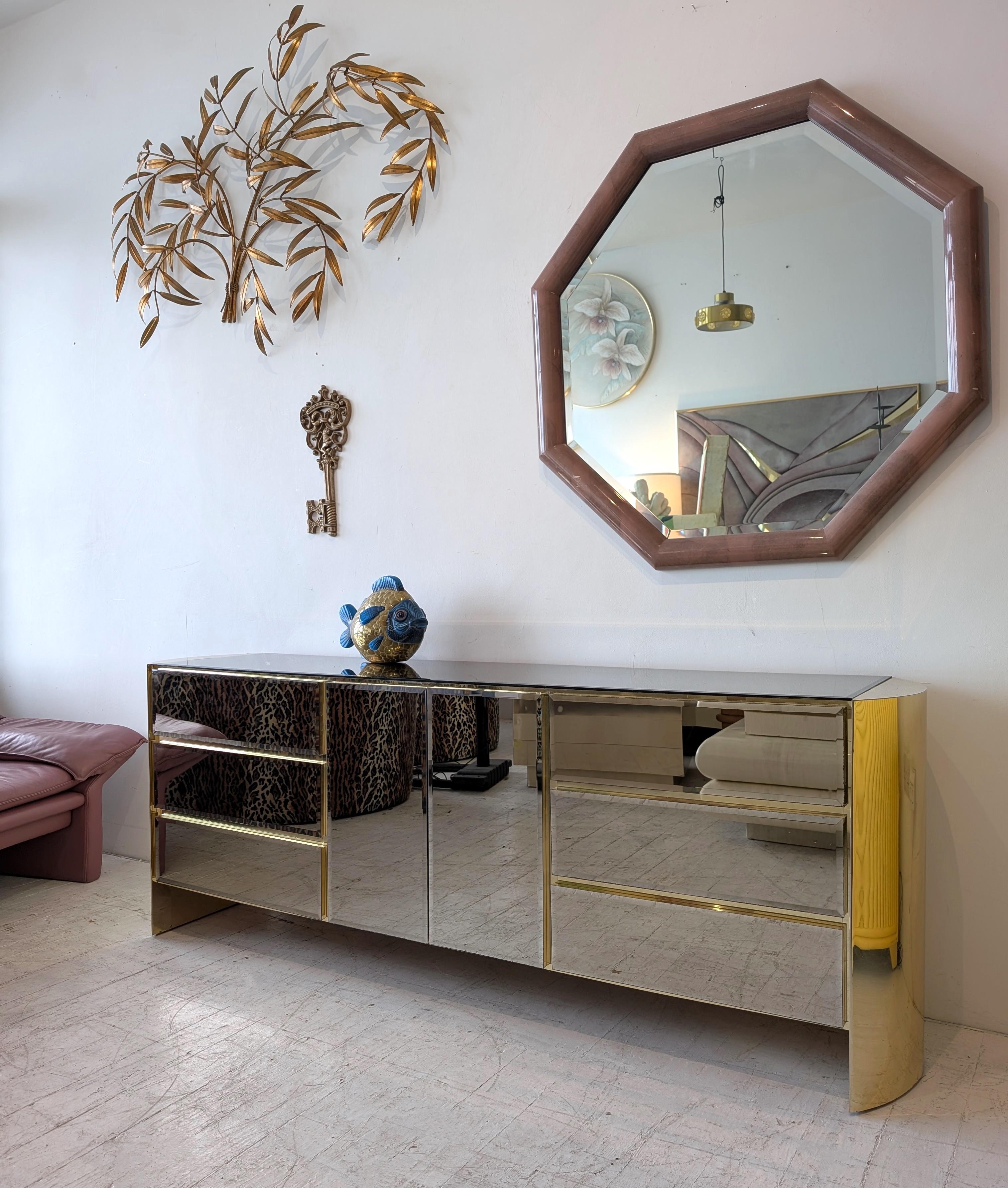 Vintage postmodern mirror glass & gold metal sideboard / dresser, Ello USA 1980s For Sale 1