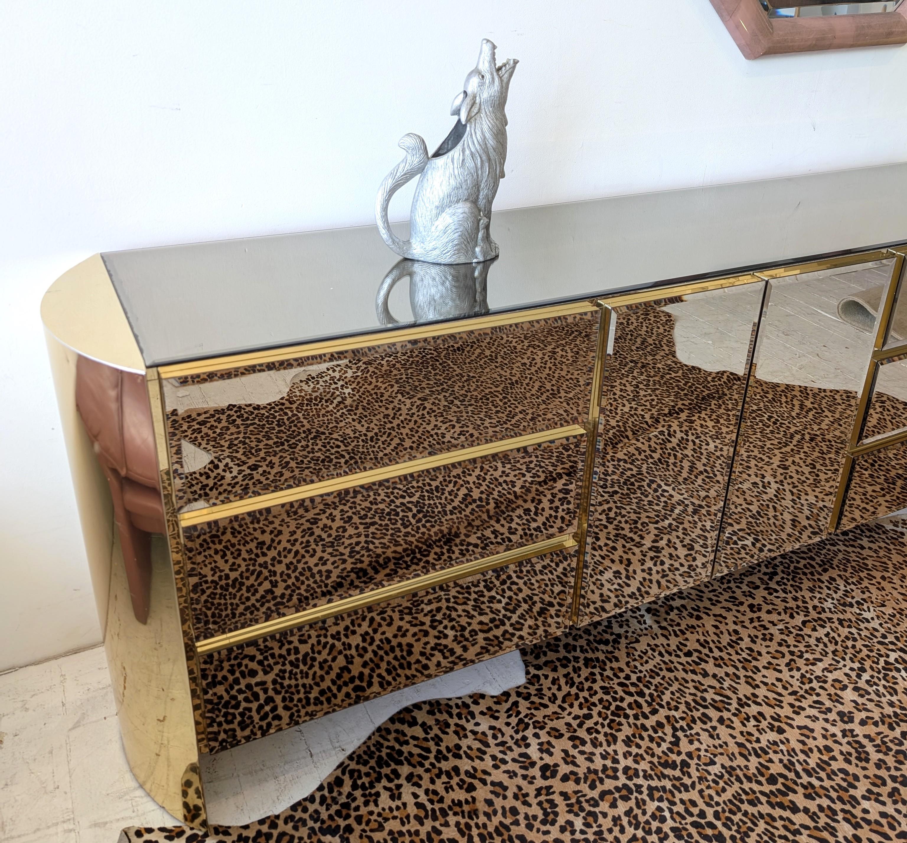Vintage postmodern mirror glass & gold metal sideboard / dresser, Ello USA 1980s For Sale 2
