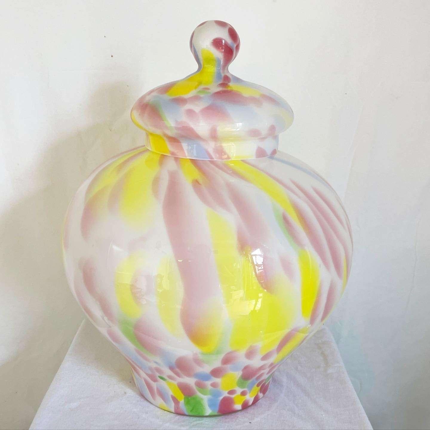 Vintage Postmodern Muddled Multicolor Glass Ginger Jar In Good Condition For Sale In Delray Beach, FL