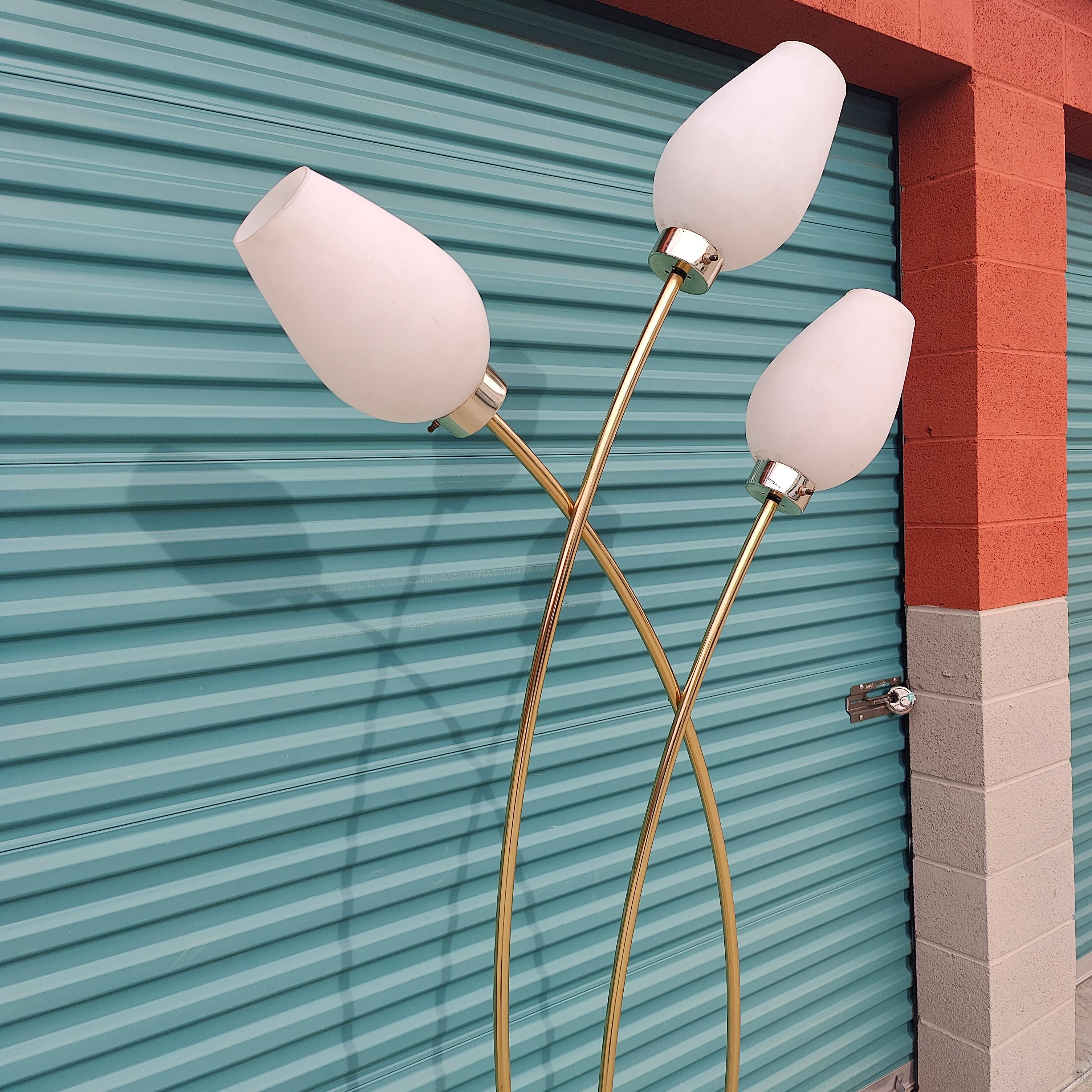 Now available is an amazing and massive Nova of California floor lamp. Features a brass finish with patina throughout and glass shades in great condition. Some wear, mostly on bottom brass; please refer to photos. Measures approximately 39w x 12d x
