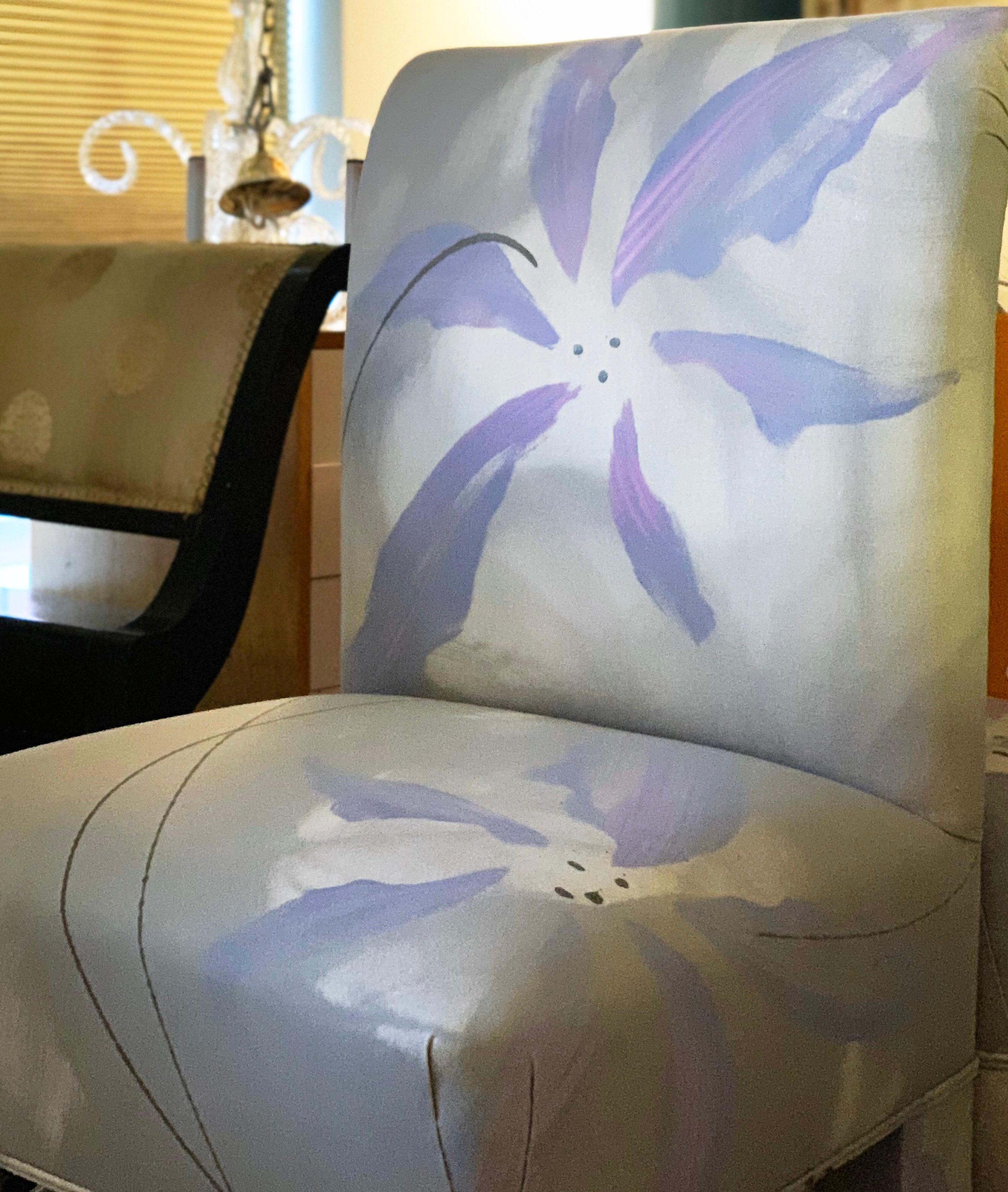 Gorgeous Postmodern dining chair, sculptural fully upholstered form, heather gray, pale lilac, soft pink and white textile. Custom piece by J. Robert Scott for a Connecticut estate. Single owner. Love the juxtaposition between the blockiness of from