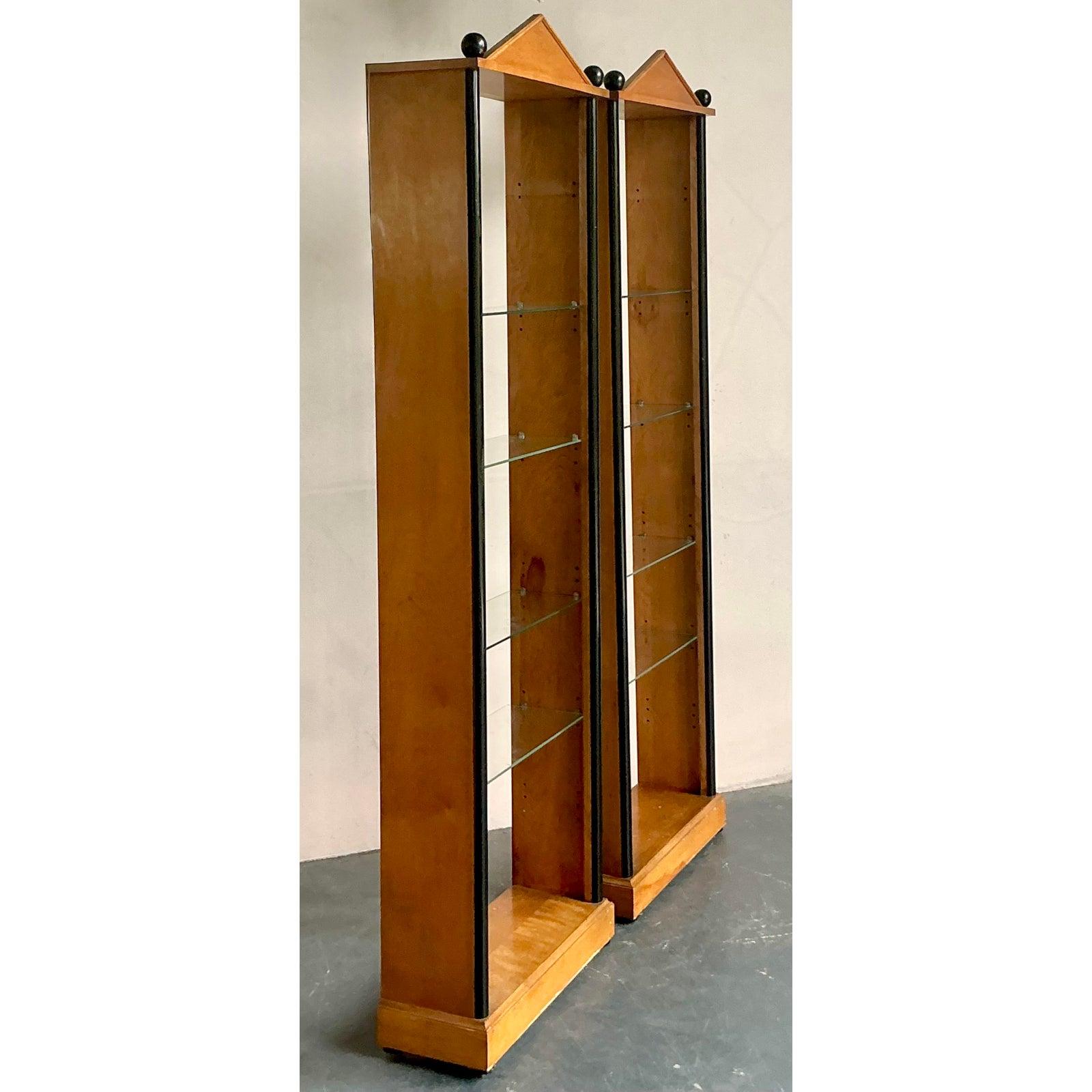 XX secolo Vintage Postmodern Pediment Etagere- A Pair in vendita