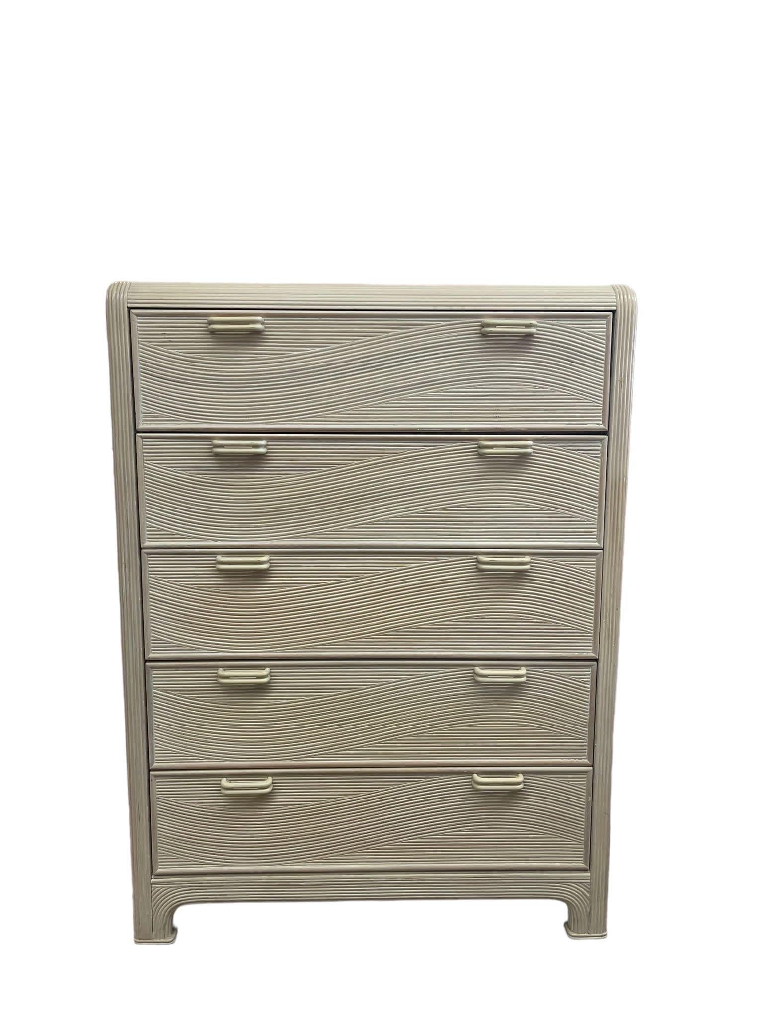 Whitewashed Finish and Wooden Handles Accompanied by the Wave Design make this Dresser Unique. Other Items in this Collection are also Available on our Website. Vintage Condition Consistent with Age as Pictured

Dimensions. 35 1/2 W ; 19 D ; 49 H