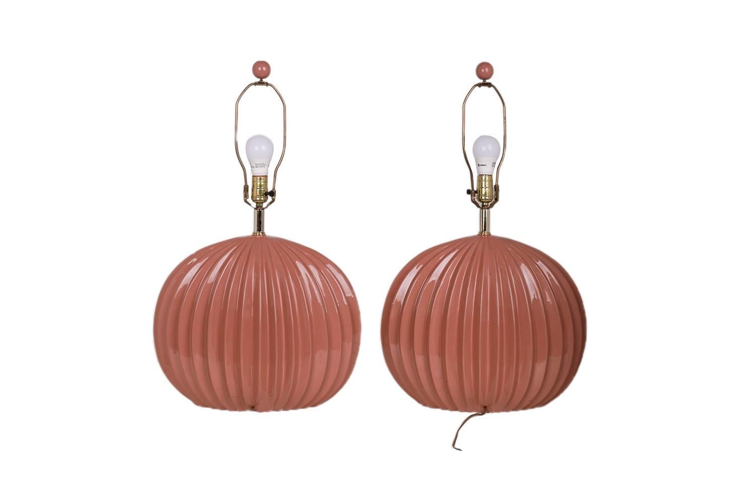 Late 20th Century Vintage Postmodern Pink Mauve Ceramic Table Lamps Pair