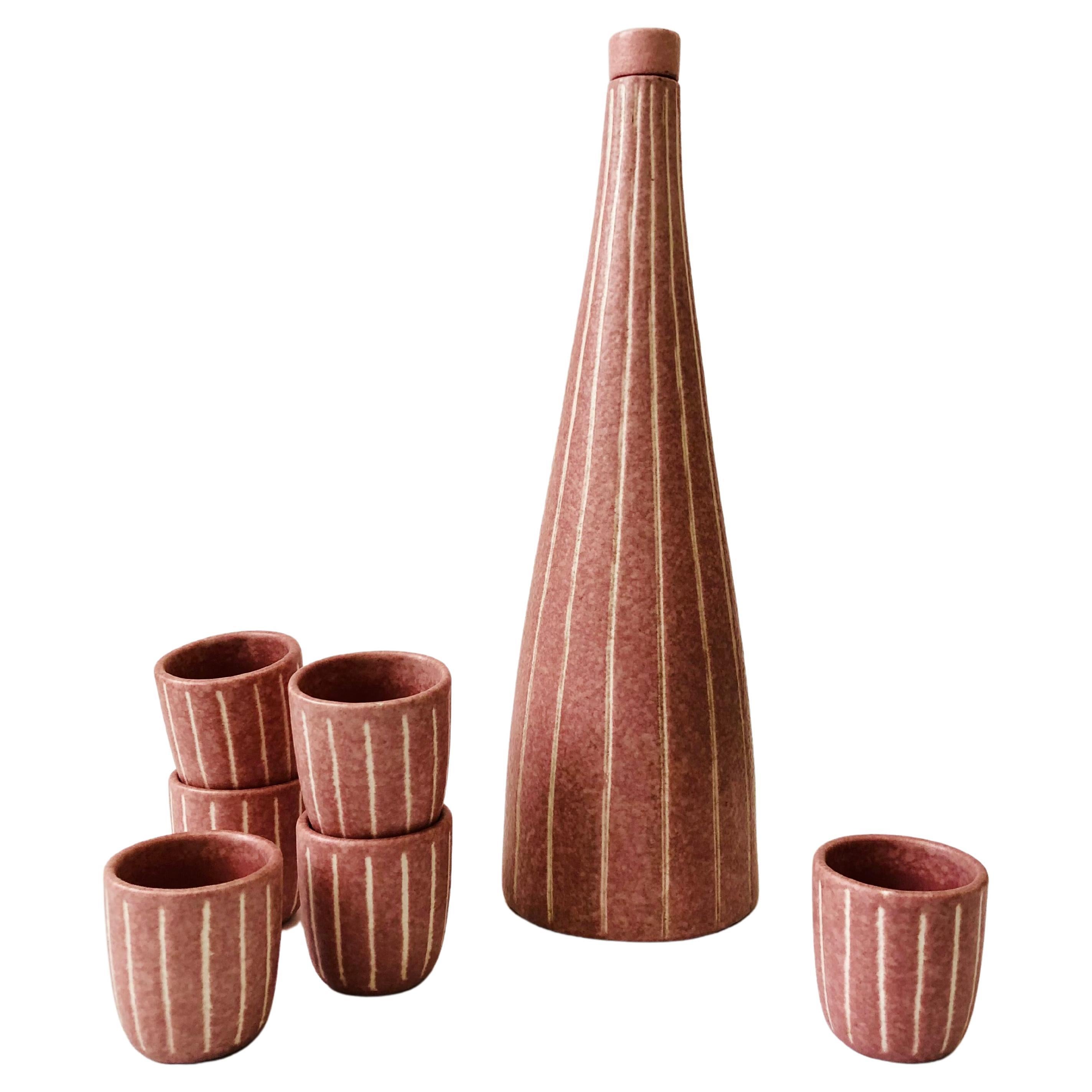 Ensemble de carafes et décanter en poterie rose postmoderne vintage par Jaru of California