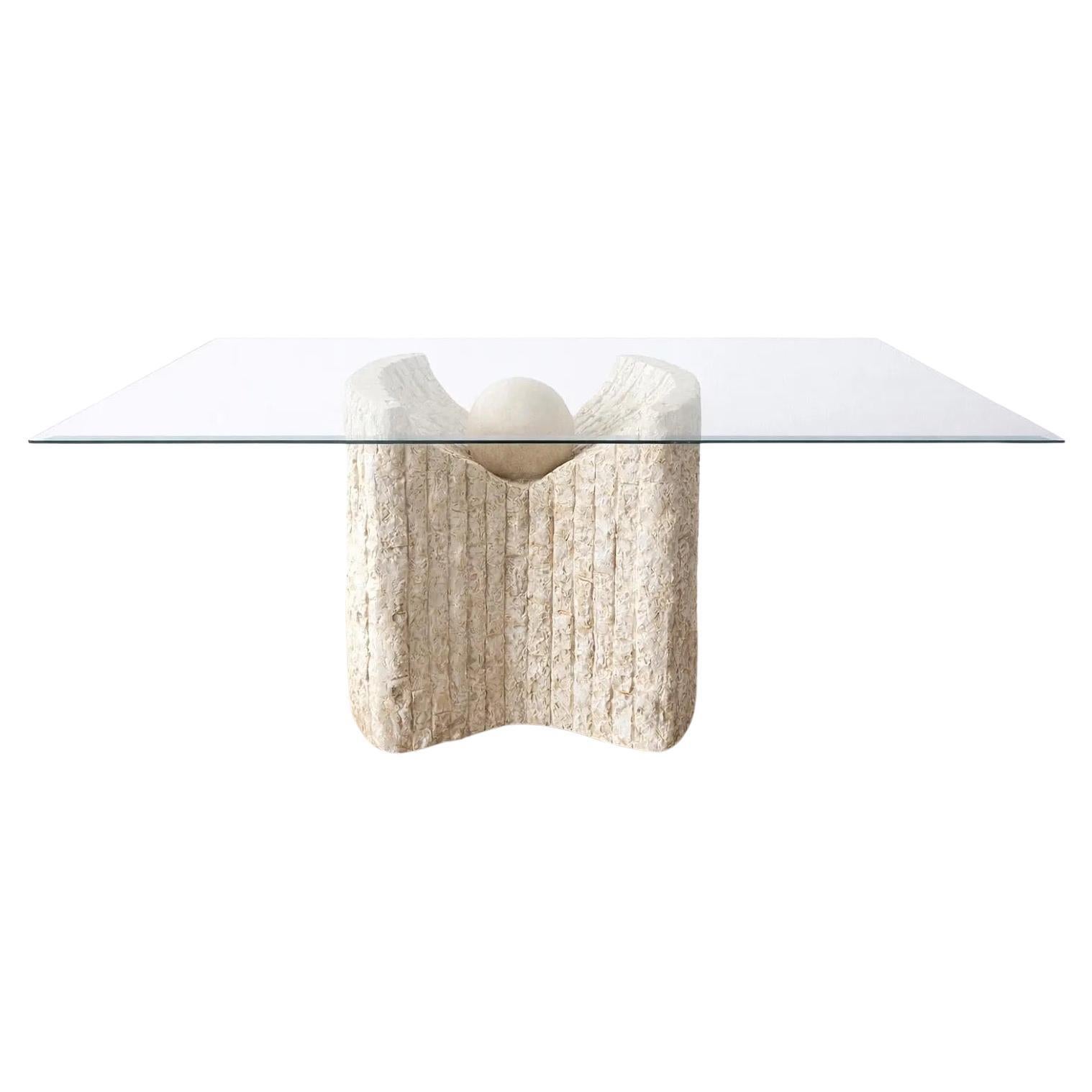 Vintage Postmodern Plaster Dining Table with Sculptural Base and Glass Top For Sale