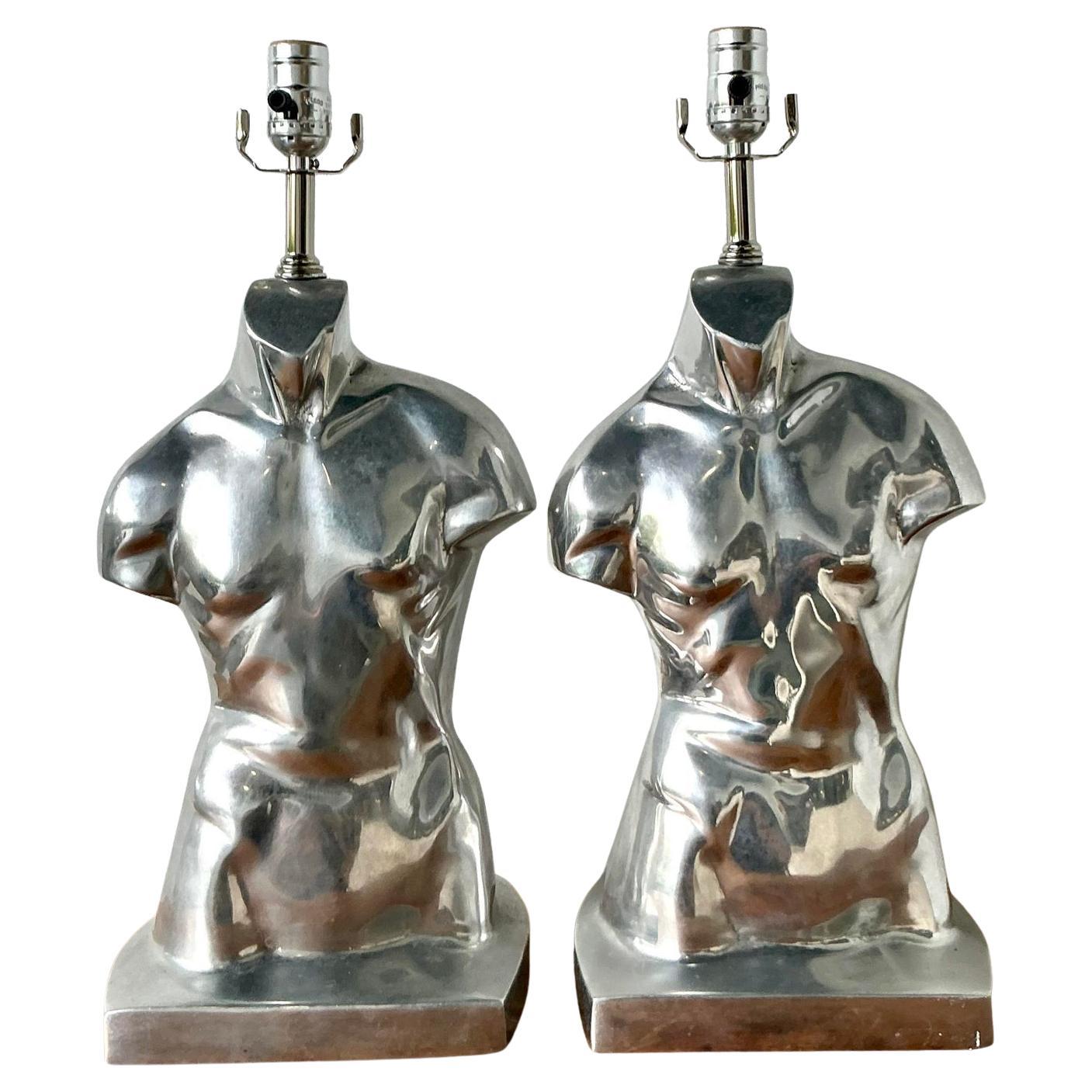 Vintage Postmodern Polished Chrome Torso Lamps - A Pair For Sale