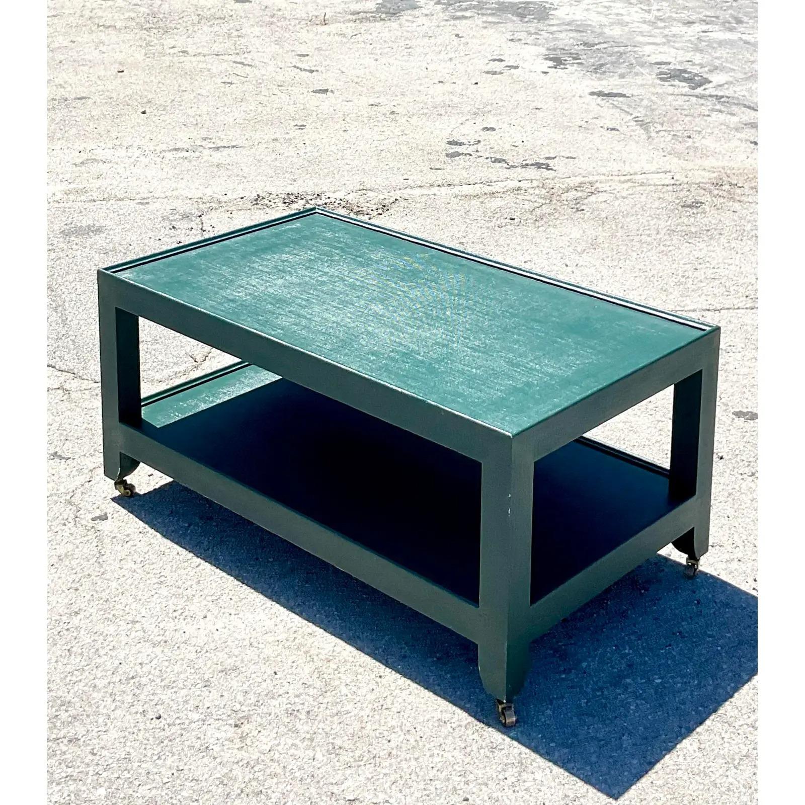 Vintage Postmodern Signed Karl Springer Two Tiered Grasscloth Coffee Table In Good Condition In west palm beach, FL