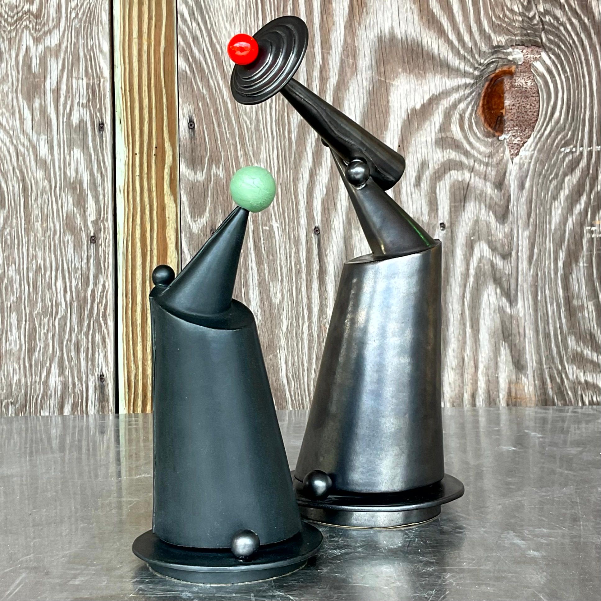 Post-Modern Vintage Postmodern Signed Studio Pottery Slab Built Sculptures - Set of 2 For Sale