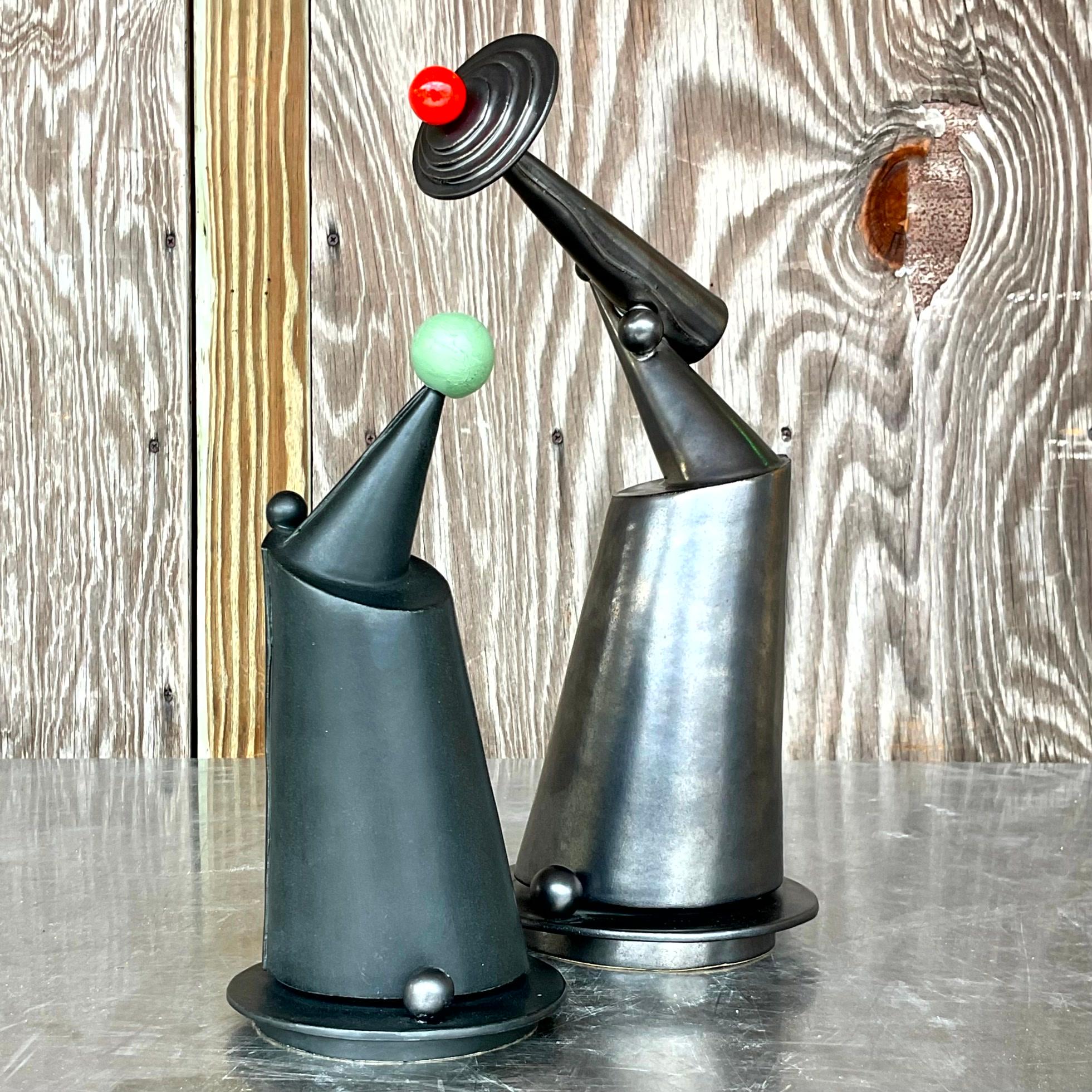 American Vintage Postmodern Signed Studio Pottery Slab Built Sculptures - Set of 2 For Sale