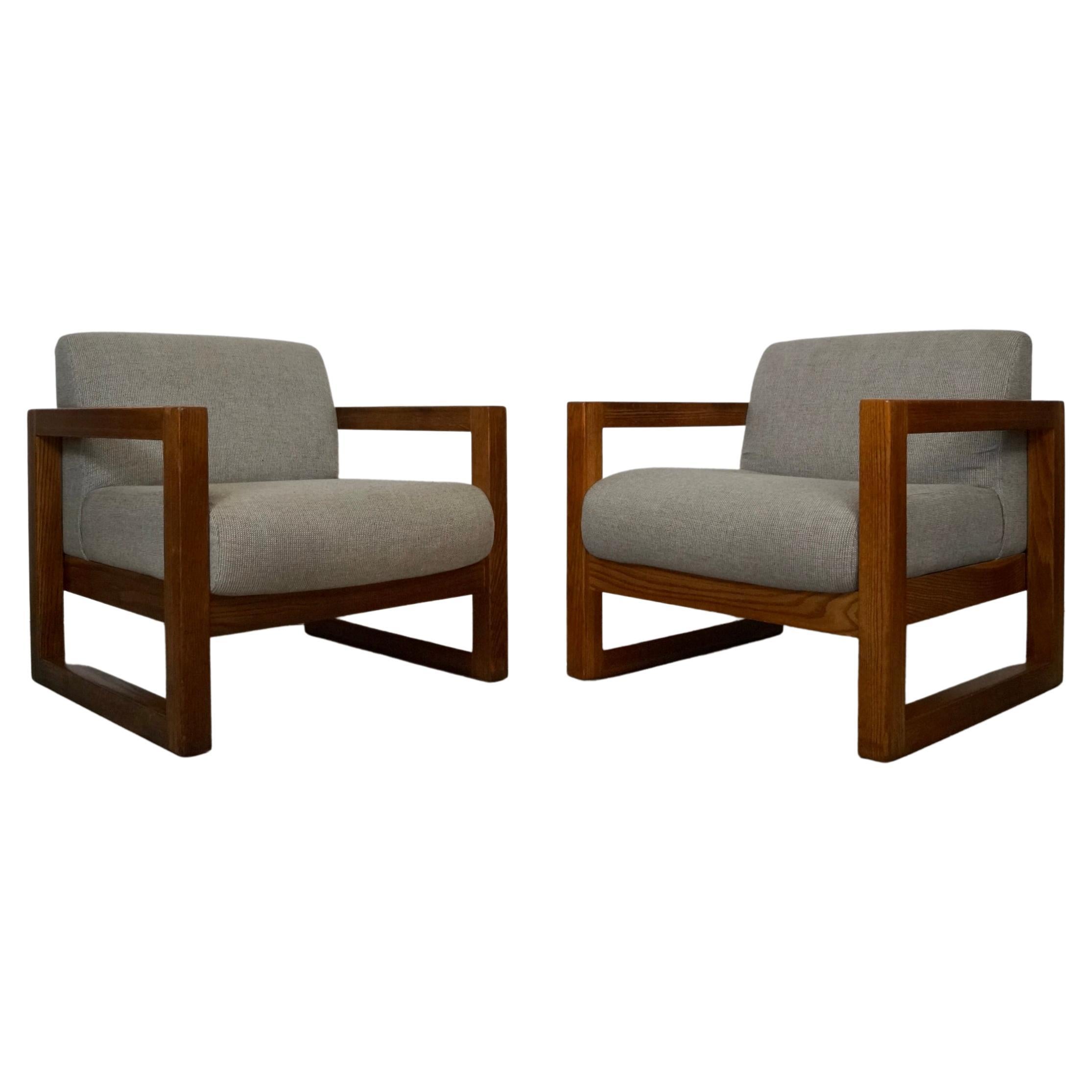 Vintage Postmodern Solid Oak Cube Lounge Chairs - a Pair