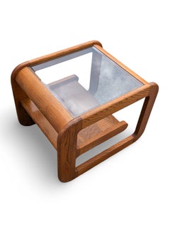 Vintage Postmodern Solid Oak Side Table with Beveled Smoked Glass Top by Mersman