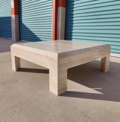 Vintage Postmodern Solid Travertine Beveled Edge Coffee Table