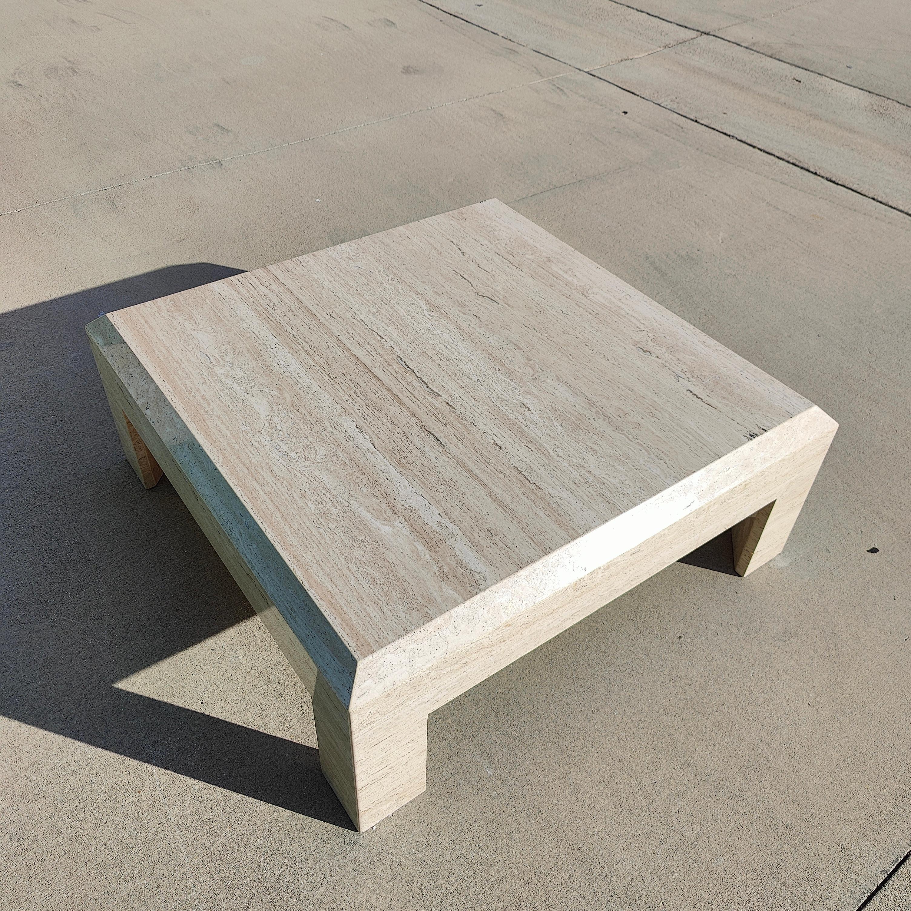 Vintage Postmodern Solid Travertine Beveled Edge Coffee Table In Good Condition In Chino Hills, CA