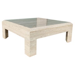Vintage Postmodern Solid Travertine Beveled Edge Coffee Table