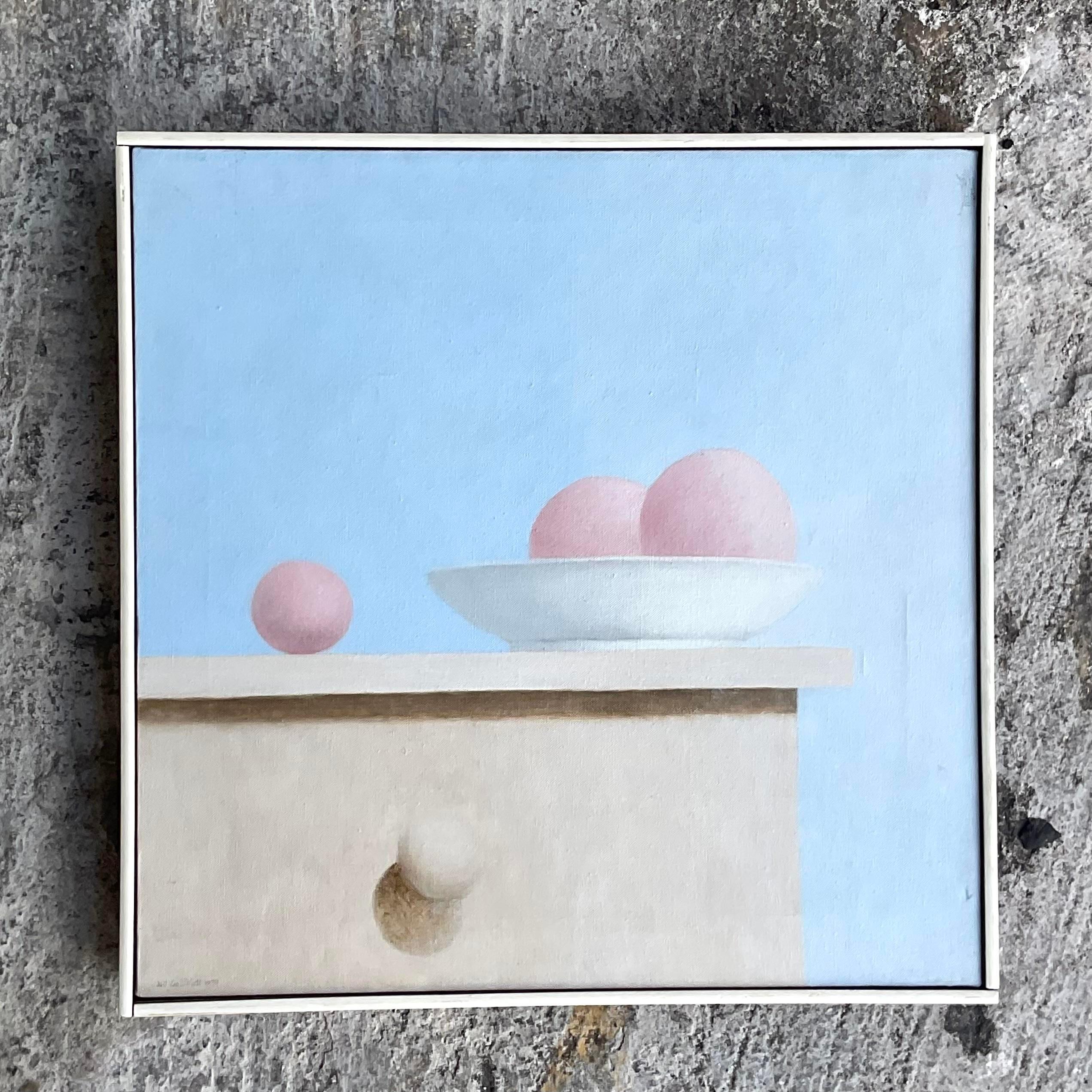 Capture the essence of artistic innovation with this vintage postmodern still life original oil on canvas. Reflecting American creativity and contemporary flair, this piece invites viewers into a world where everyday objects are transformed into