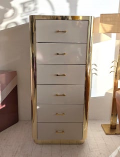 Vintage postmodern tall Ello style white & gold drawer cabinet, 1980s American
