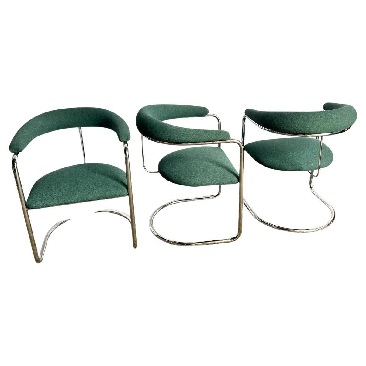Vintage Postmodern Teal and Chrome Cantilever Barrel Dining Chairs - Set of 3 For Sale