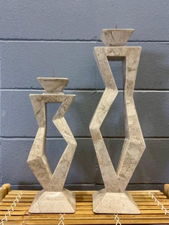 Vintage Postmodern Tessellated Stone Candlesticks, Pair, Karl Springer Style