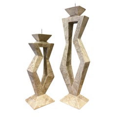 Vintage Postmodern Tessellated Stone Candlesticks, Pair, Karl Springer Style