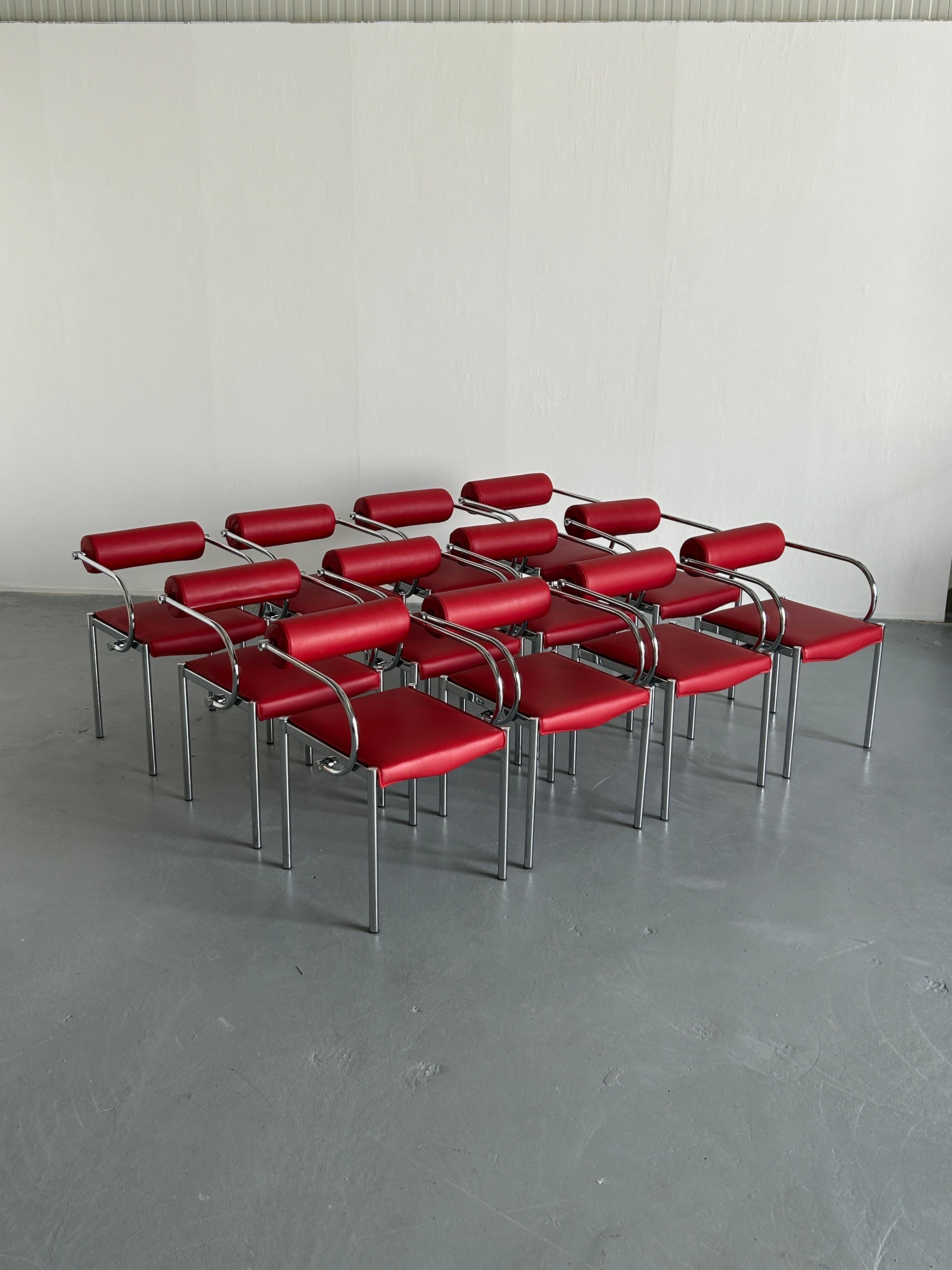 Set of twelve postmodern tubular steel and red faux leather dining chairs, in the style of Arcadia by Paolo Piva for B&B Italia, 1980s
Very quality vintage Italian production from the late 1980s or early 1990s.

In very good vintage condition