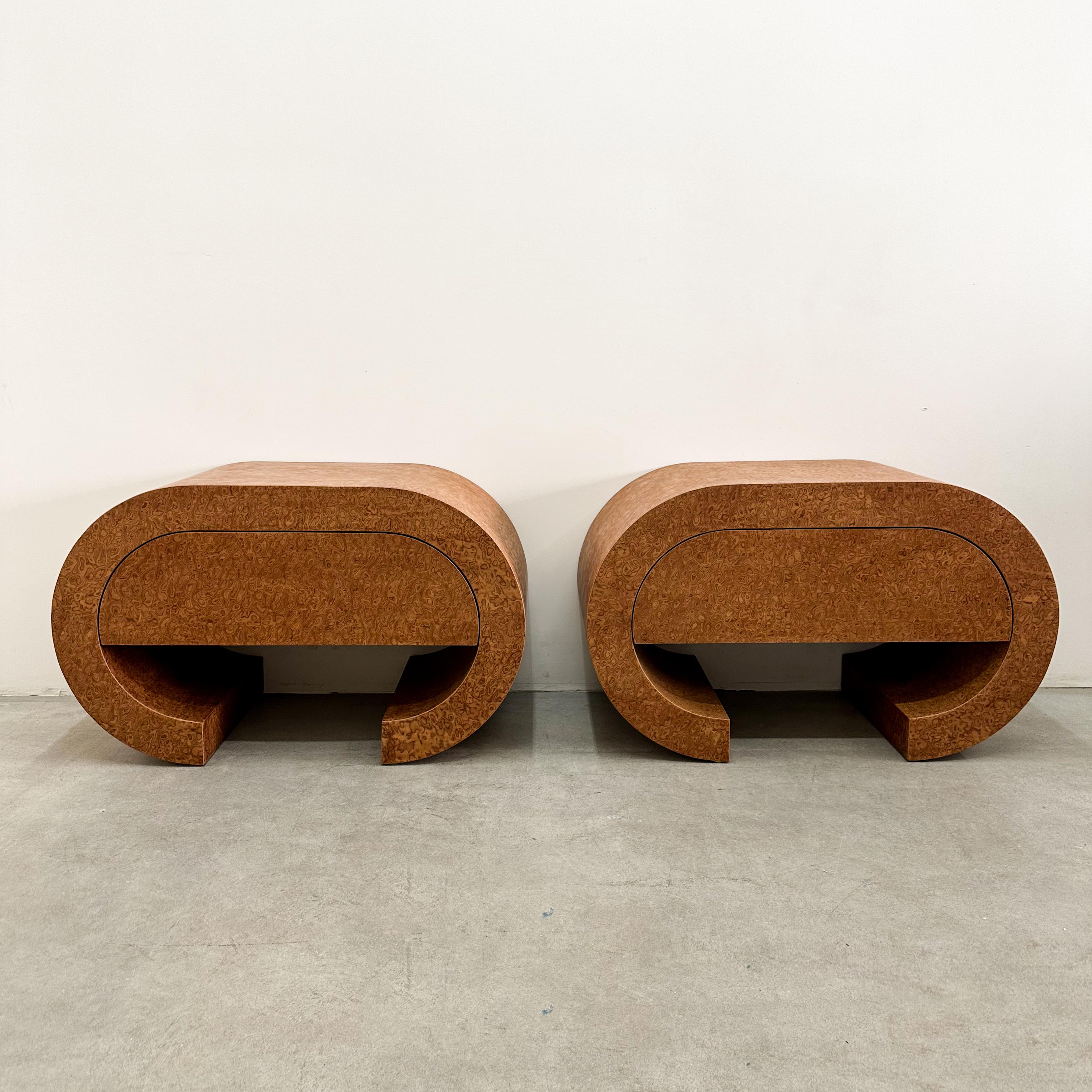 Post-Modern Vintage Postmodern Waterfall Sapele Pommele Wood Nightstands or End Tables For Sale