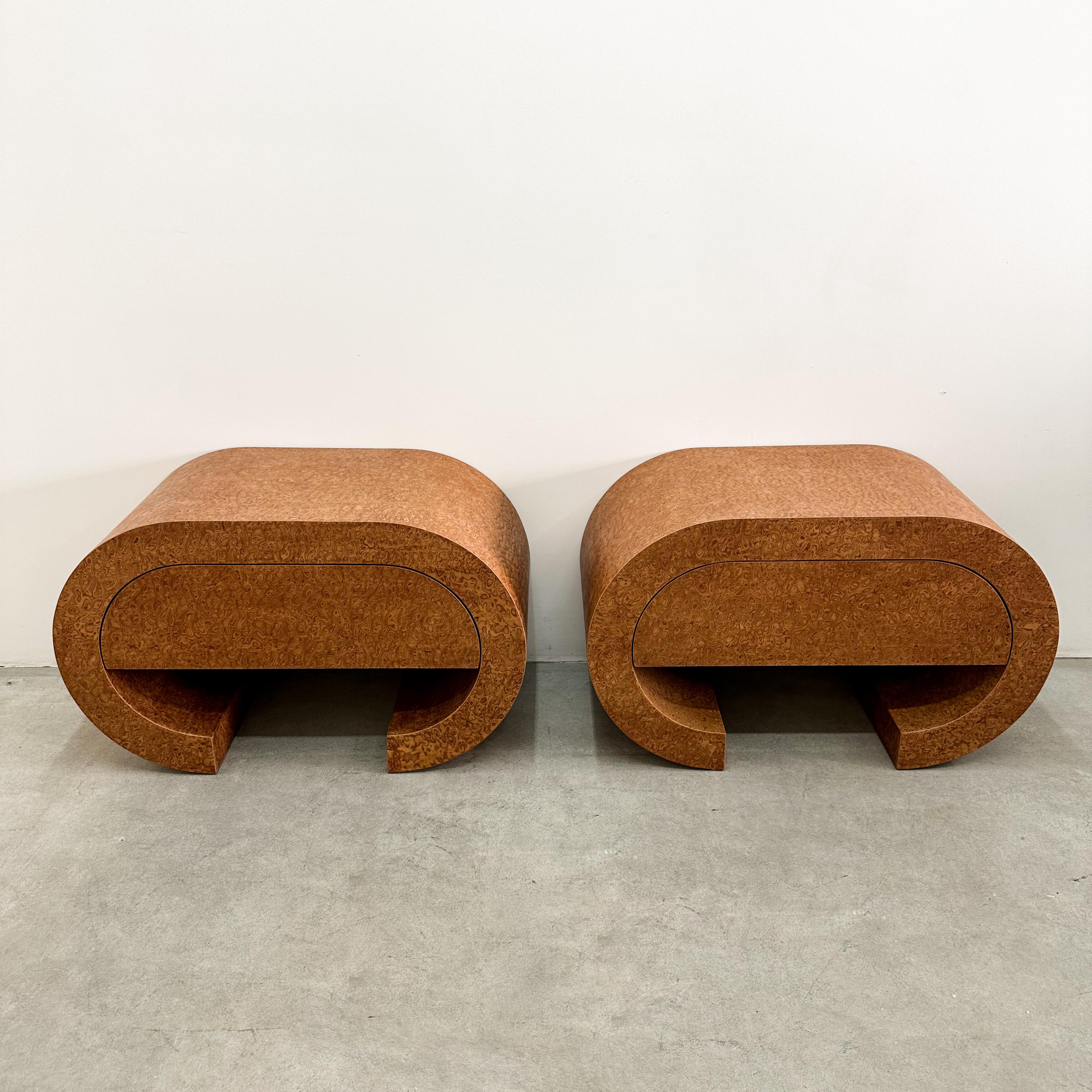 Unknown Vintage Postmodern Waterfall Sapele Pommele Wood Nightstands or End Tables For Sale
