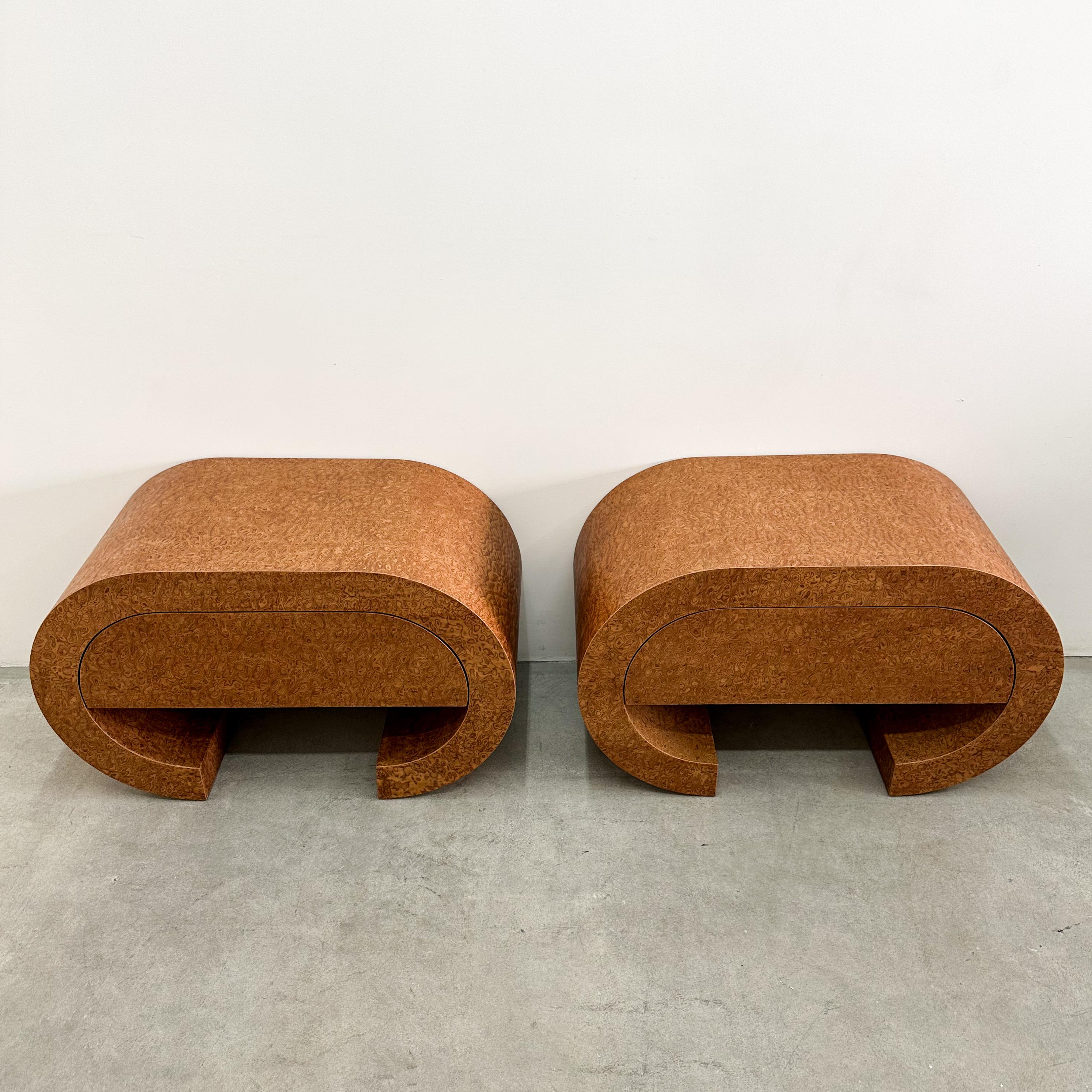 Vintage Postmodern Waterfall Sapele Pommele Wood Nightstands or End Tables In Good Condition For Sale In Palm Desert, CA