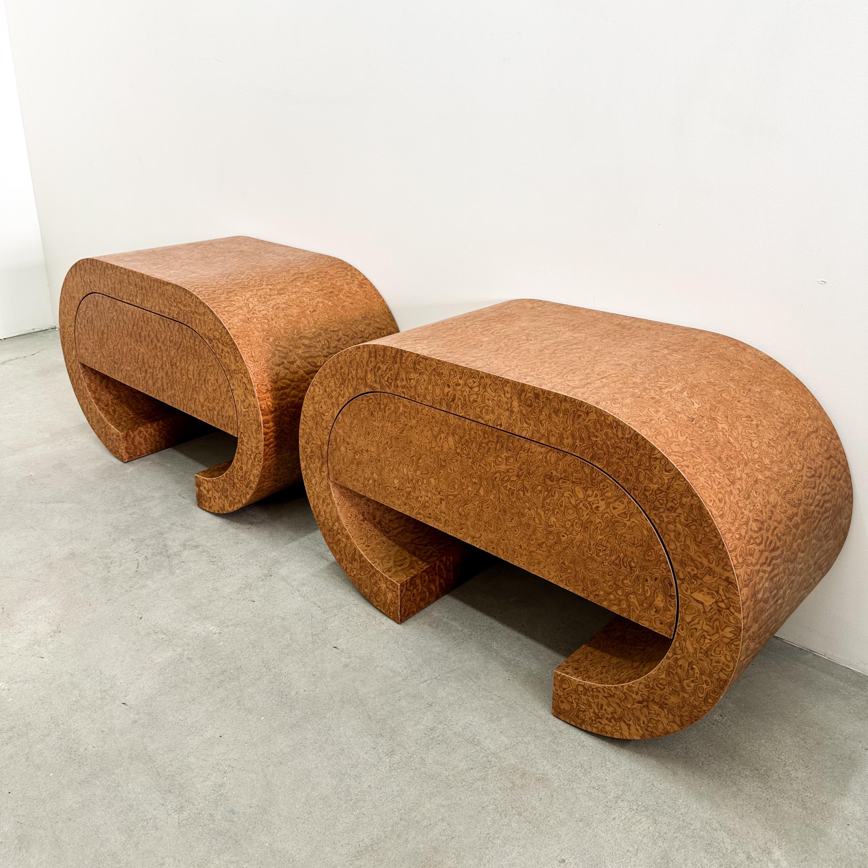 Late 20th Century Vintage Postmodern Waterfall Sapele Pommele Wood Nightstands or End Tables For Sale