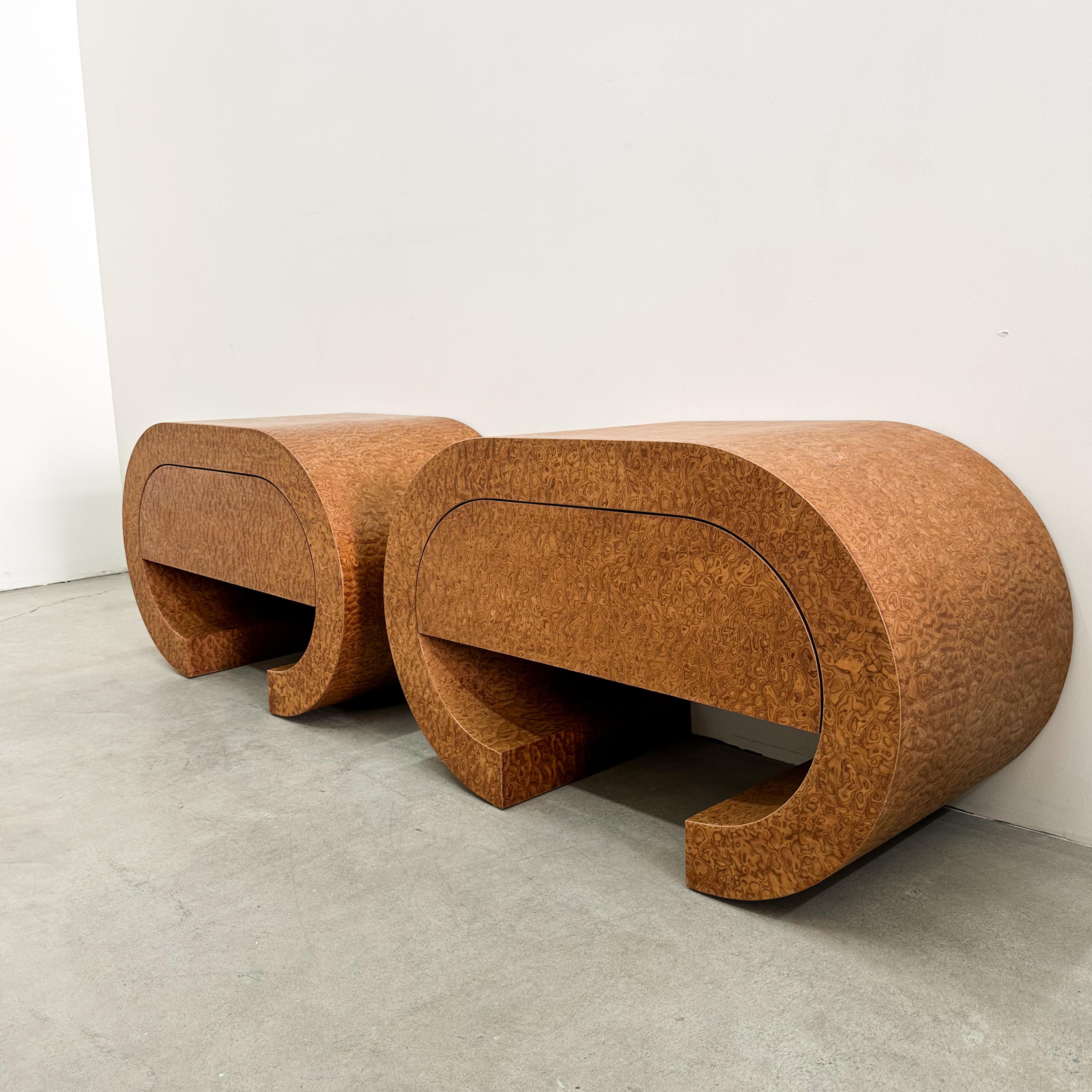 Sapele Wood Vintage Postmodern Waterfall Sapele Pommele Wood Nightstands or End Tables For Sale