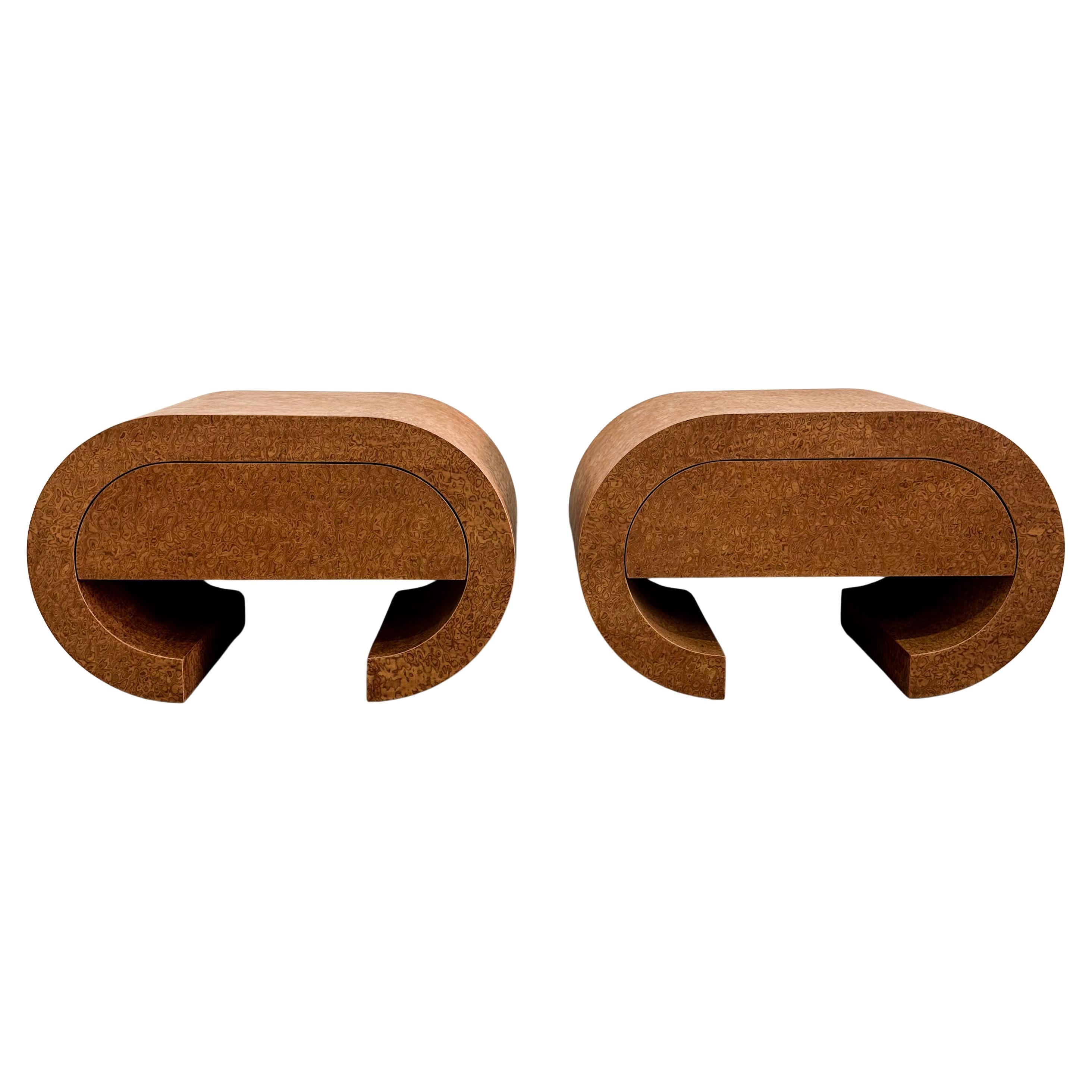 Vintage Postmodern Waterfall Sapele Pommele Wood Nightstands or End Tables