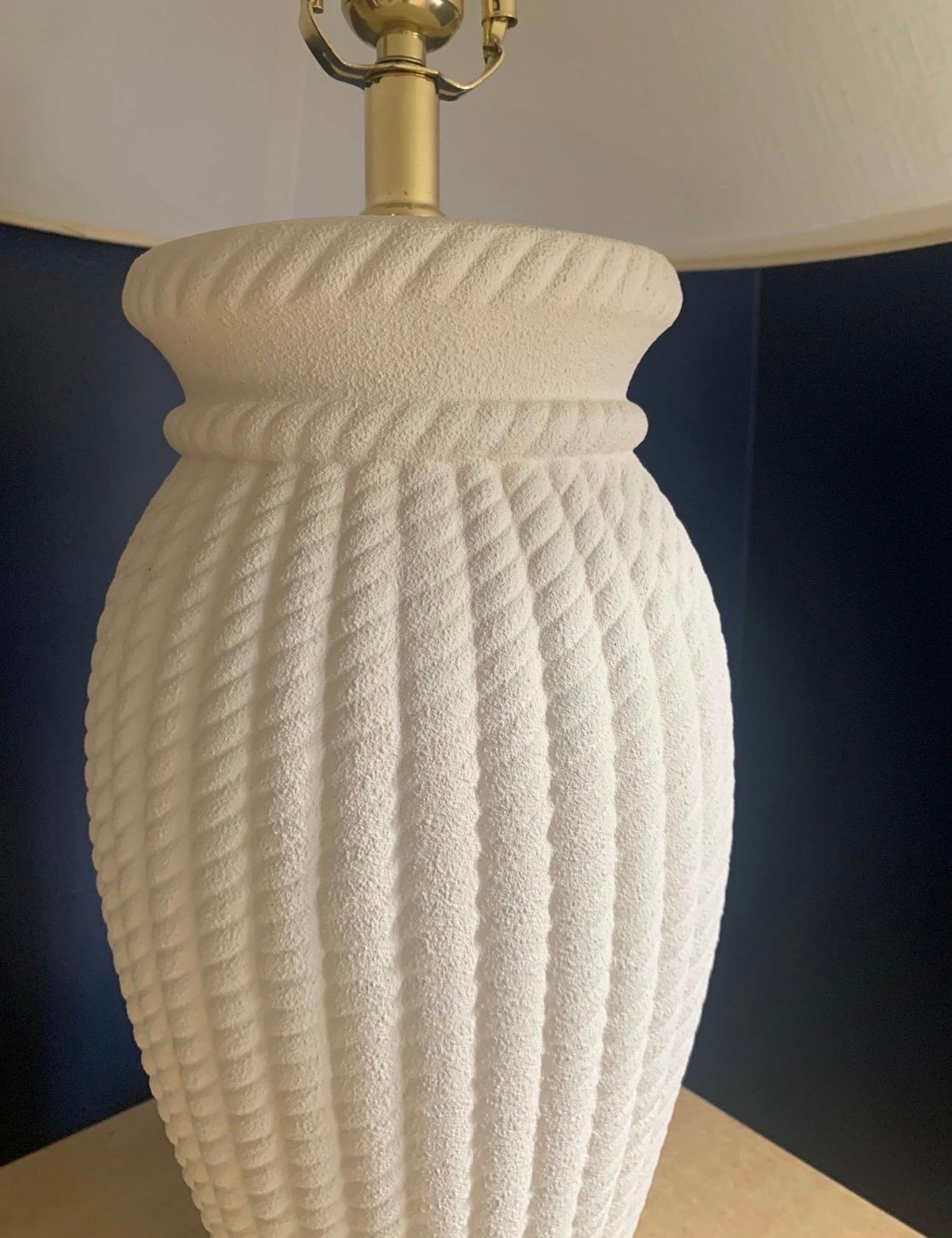 Vintage Postmodern White Ceramic Braided Rope Lamp With Shade In Good Condition For Sale In Portage, MI