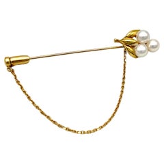 Vintage Postwar Stick Pin Tie Pin Flower 18 Karat Gold Cultured Pearls 