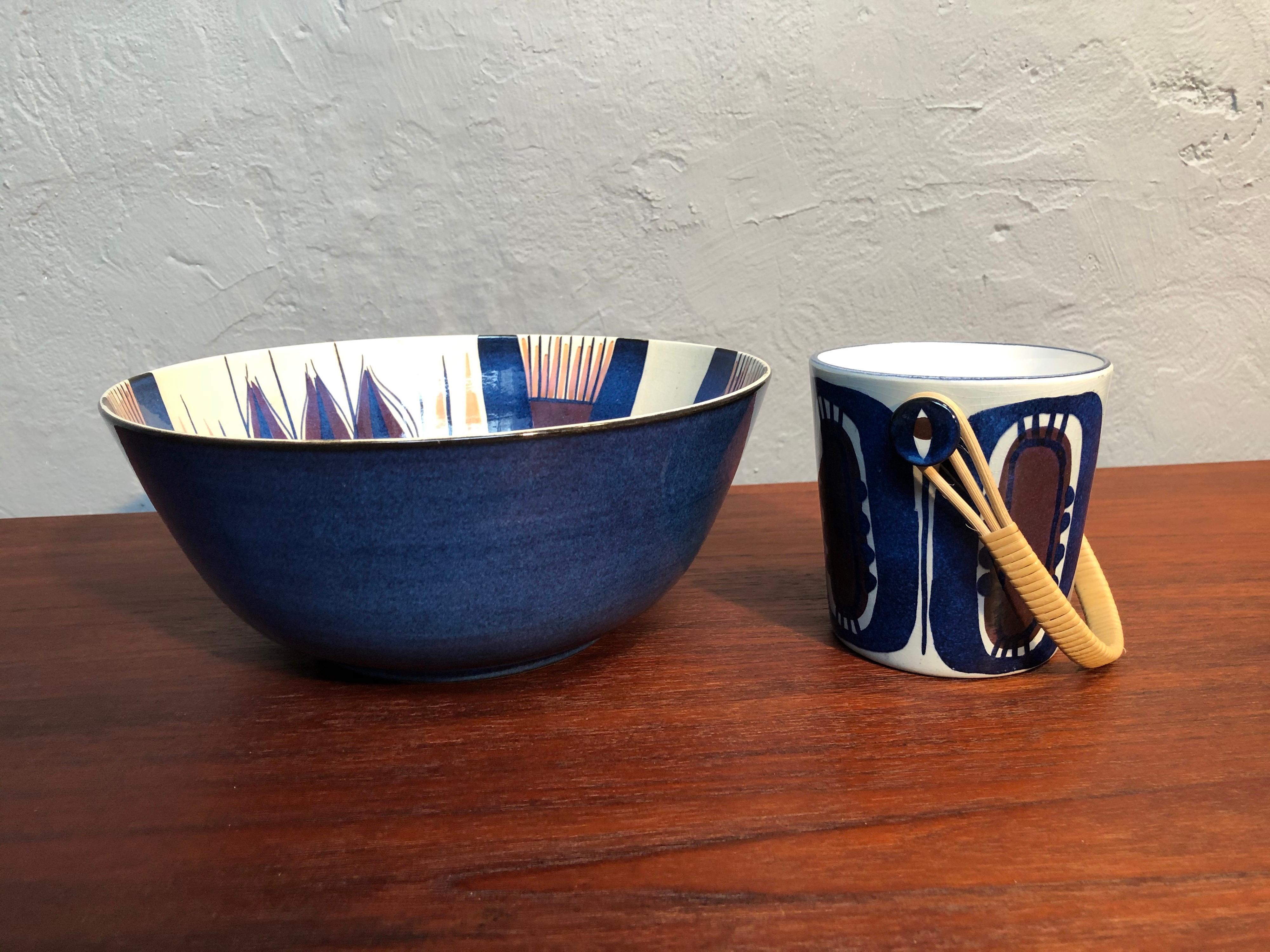 Vintage pottery bowl and ice bucket from the series Tenera by Inge-Lise Koefoed for Aluminia of Denmark. 
In great vintage condition with no cracks or chips. 
Deep colors of blue and torquise which were very popular during that period.