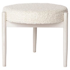 Vintage Pouf / Stool 1970s – White Beech Wood & Wool Upholstery – Mid-Century